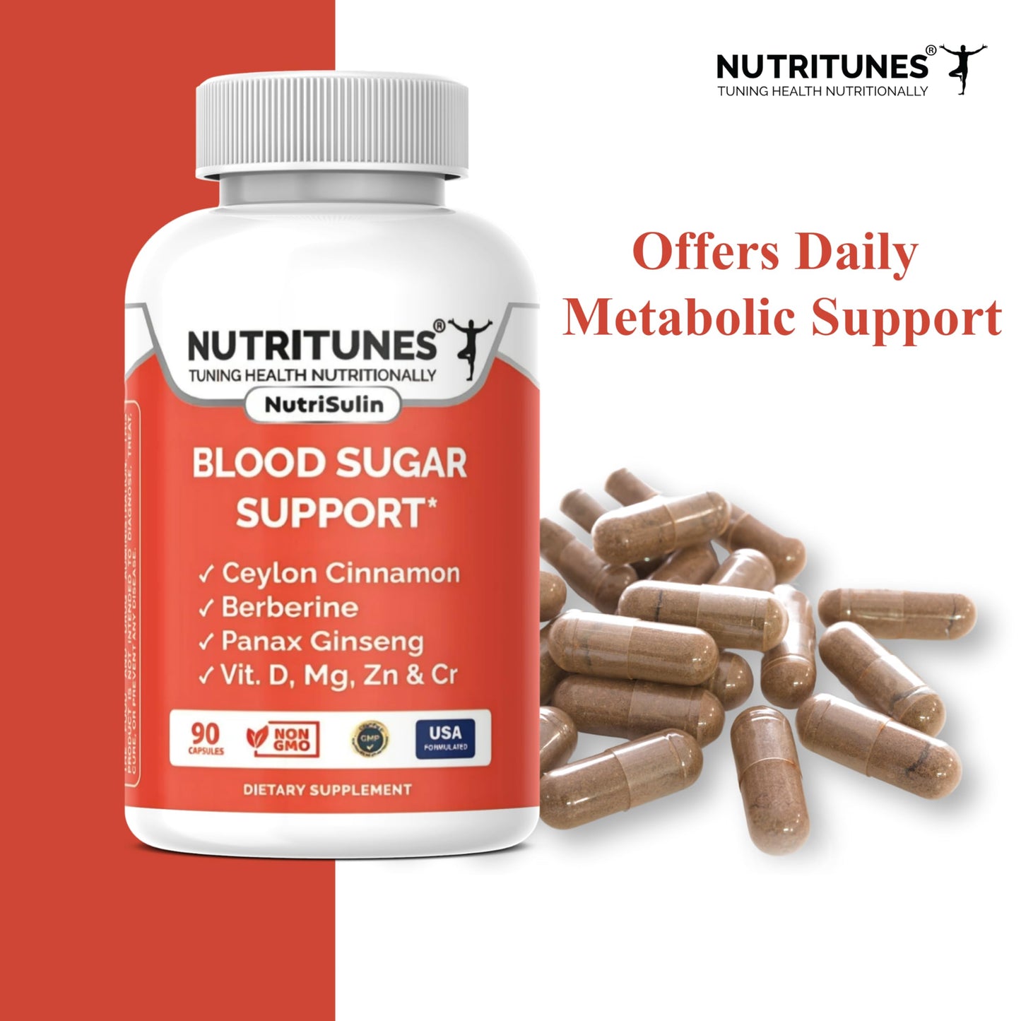 Nutritunes Blood Sugar Support – Cinnamon, Berberine & Chromium – 90 Ct