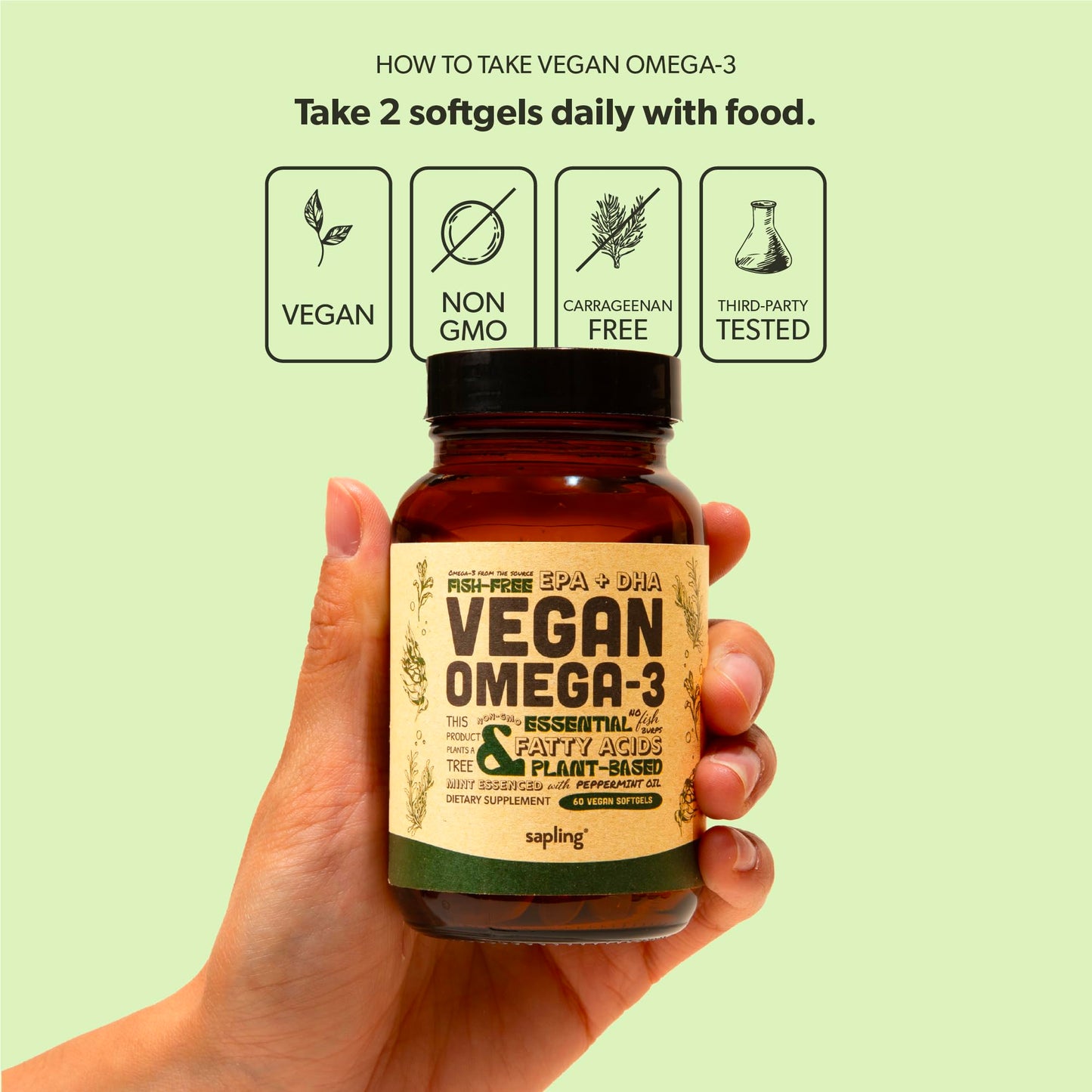 Vegan Omega 3 – DHA & EPA from Algae – Brain & Heart Support – 60 Ct