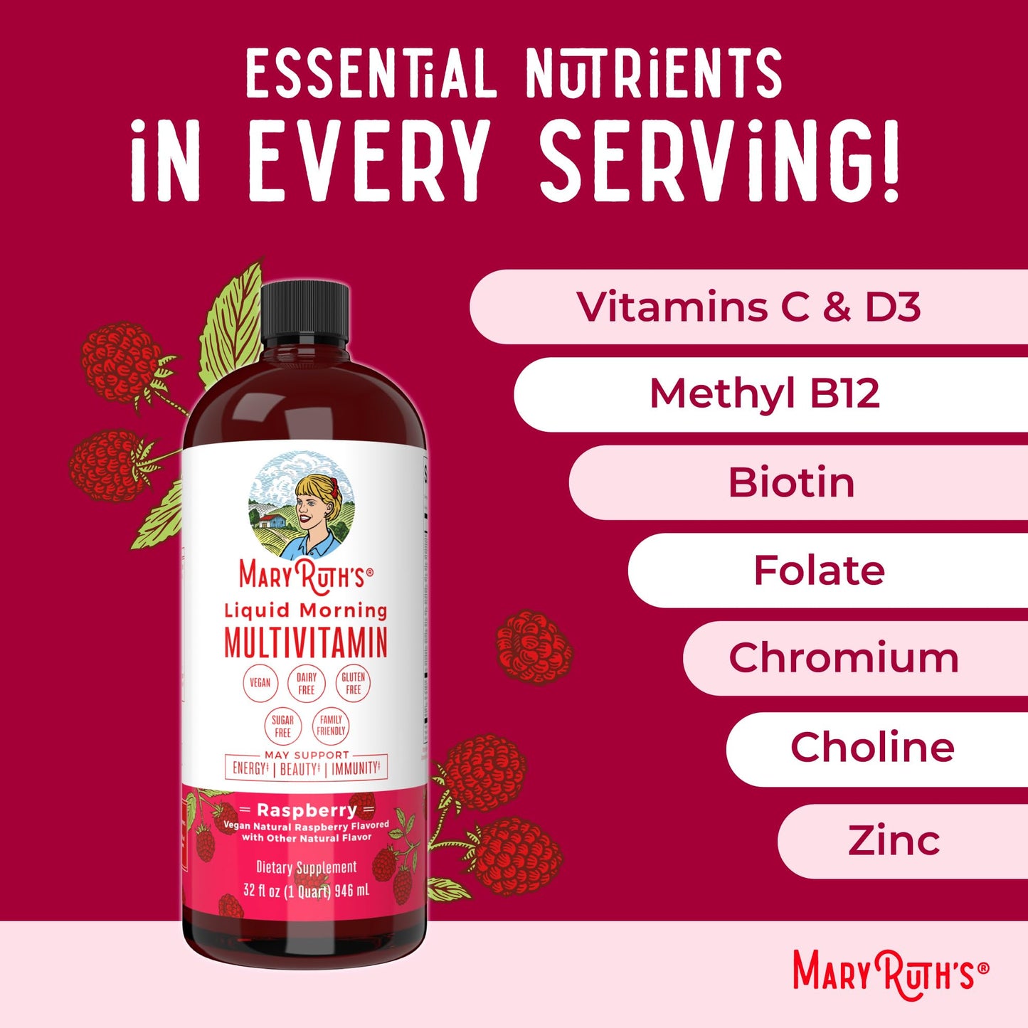 MaryRuth's Liquid Morning Multivitamin Raspberry (32oz) & Liquid Nighttime Multimineral Coconut (15.22oz) | Sugar-Free, No Melatonin | Vegan, Non-GMO | Supports Sleep, Beauty, and Overall Health