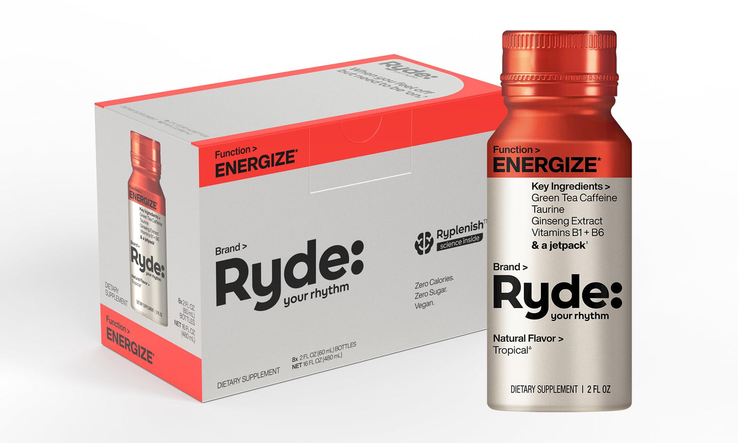 Ryde Energize Shot – Tropical, Green Tea, Sugar-Free – 8 Pack
Tropical Flavor | Green Tea Caffeine | Sugar-Free | Clean Energy | 8 Shots