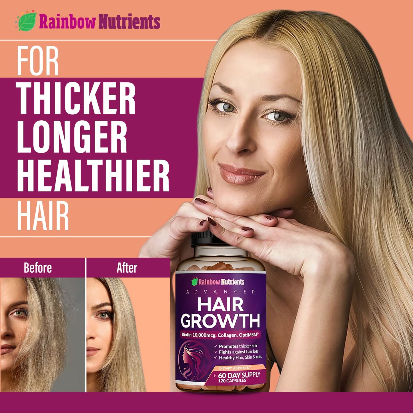 Hair Growth Vitamins for Women – Biotin, Collagen, MSM – 60 Day Supply