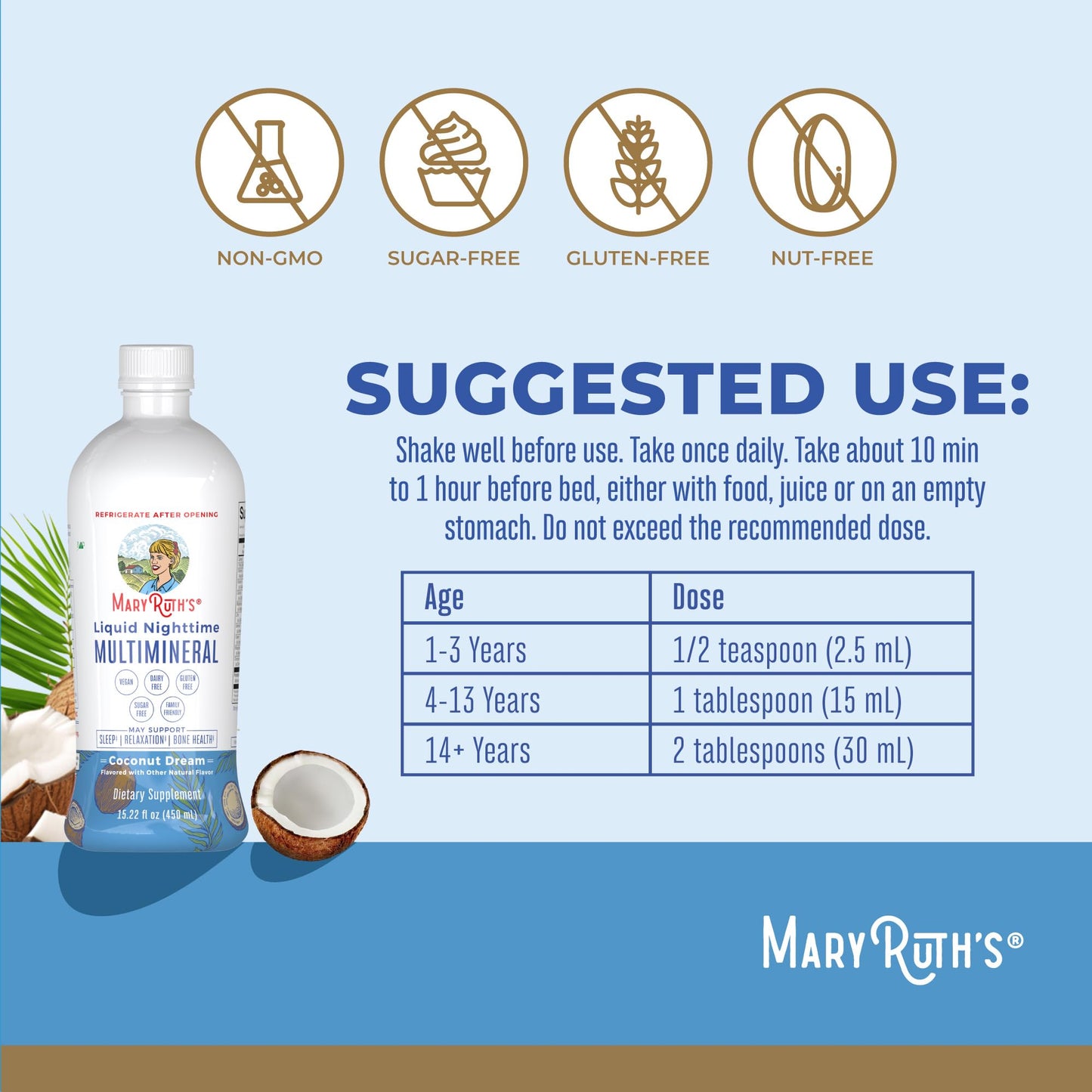 MaryRuth's Liquid Morning Multivitamin Raspberry (32oz) & Liquid Nighttime Multimineral Coconut (15.22oz) | Sugar-Free, No Melatonin | Vegan, Non-GMO | Supports Sleep, Beauty, and Overall Health