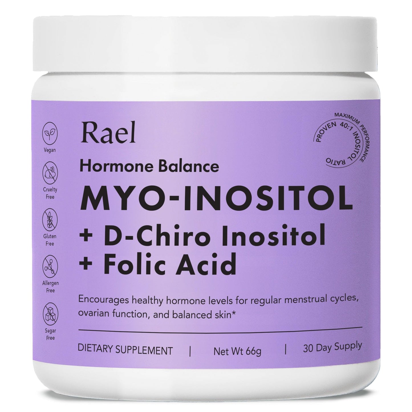 Rael Hormone Balance for Women, Inositol Powder Supplement - Ovarian Function Support, Vitamin B8, 40:1 Proven Ratio, Folic Acid, Vegan (30 Servings)