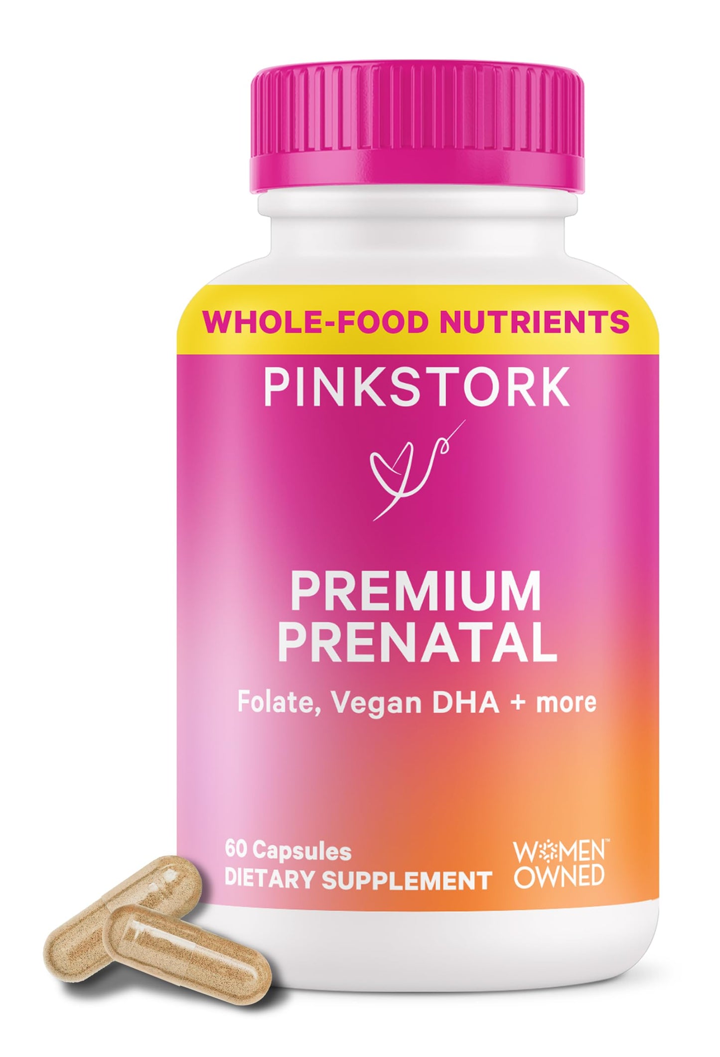 Pink Stork Prenatal Vitamin – 60 capsules with organic nutrients, probiotics, folate, and iron for pregnancy wellness and energy.