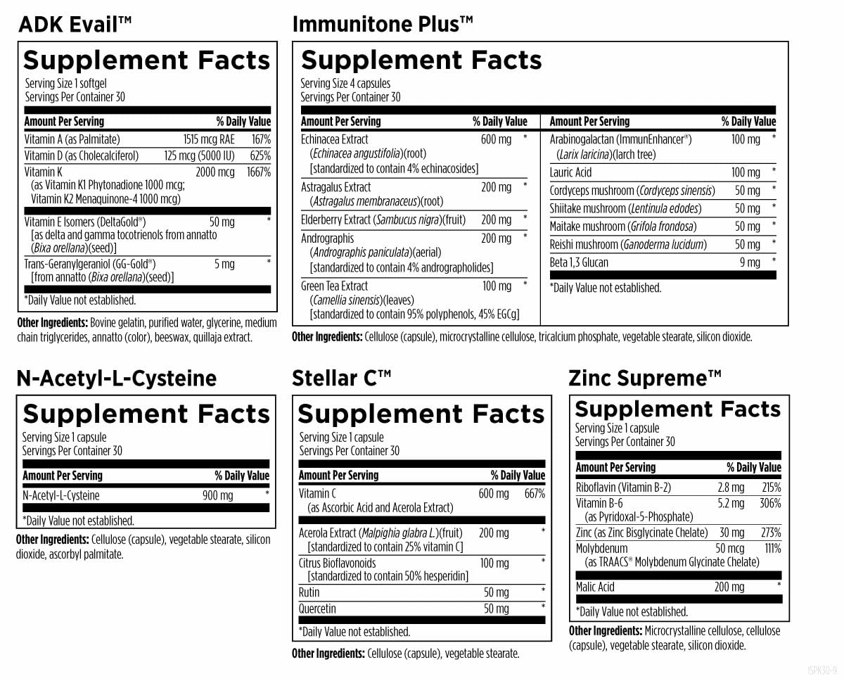 Designs for Health Immune Support Packets - One Month Supply Vitamin Packs with Immunitone Plus Mushroom Complex + Herbs, NAC, Vitamin D + K, Zinc + Vitamin C (30 Packets)