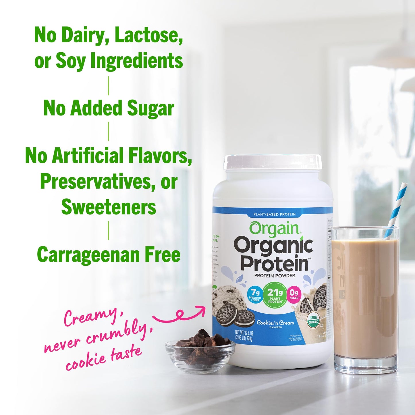 Orgain Vegan Protein Powder – Cookies 'n Cream, 21g Plant Protein