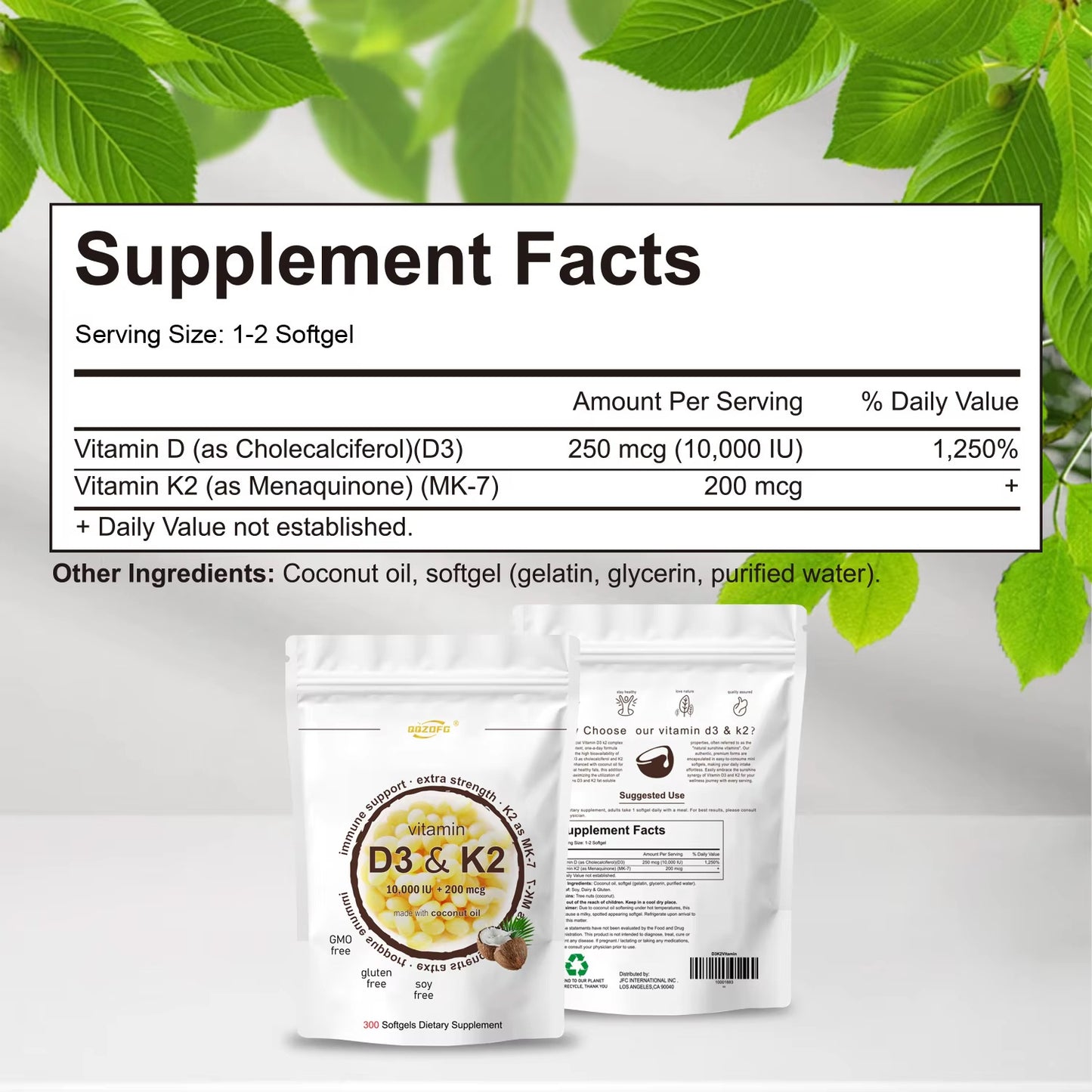 Vitamin D3 + K2 Softgels
Daily immune & bone support with 200mcg MK-7.