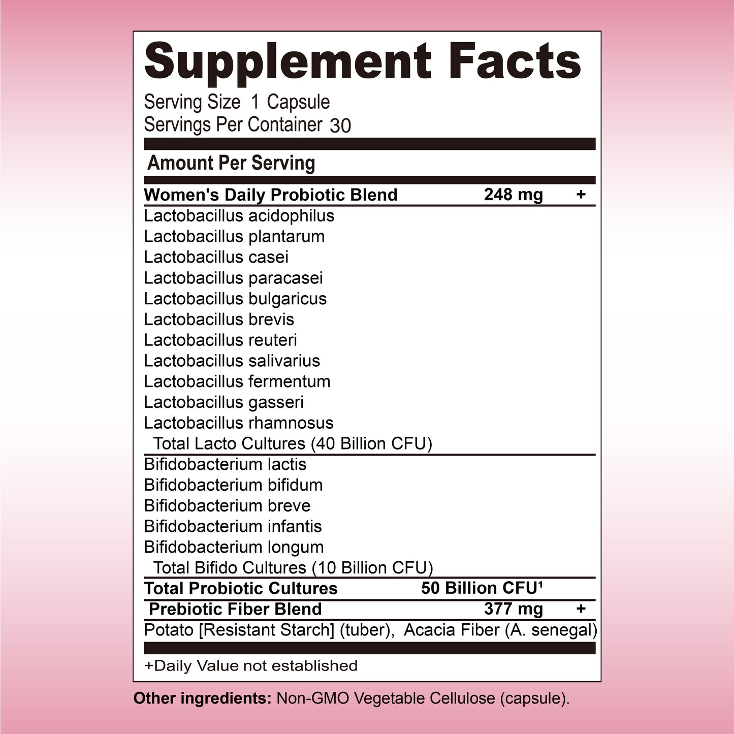 Women’s Probiotic – 50 Billion CFU + Prebiotics
Gut, vaginal & pH support in one clean, once-daily vegan capsule.