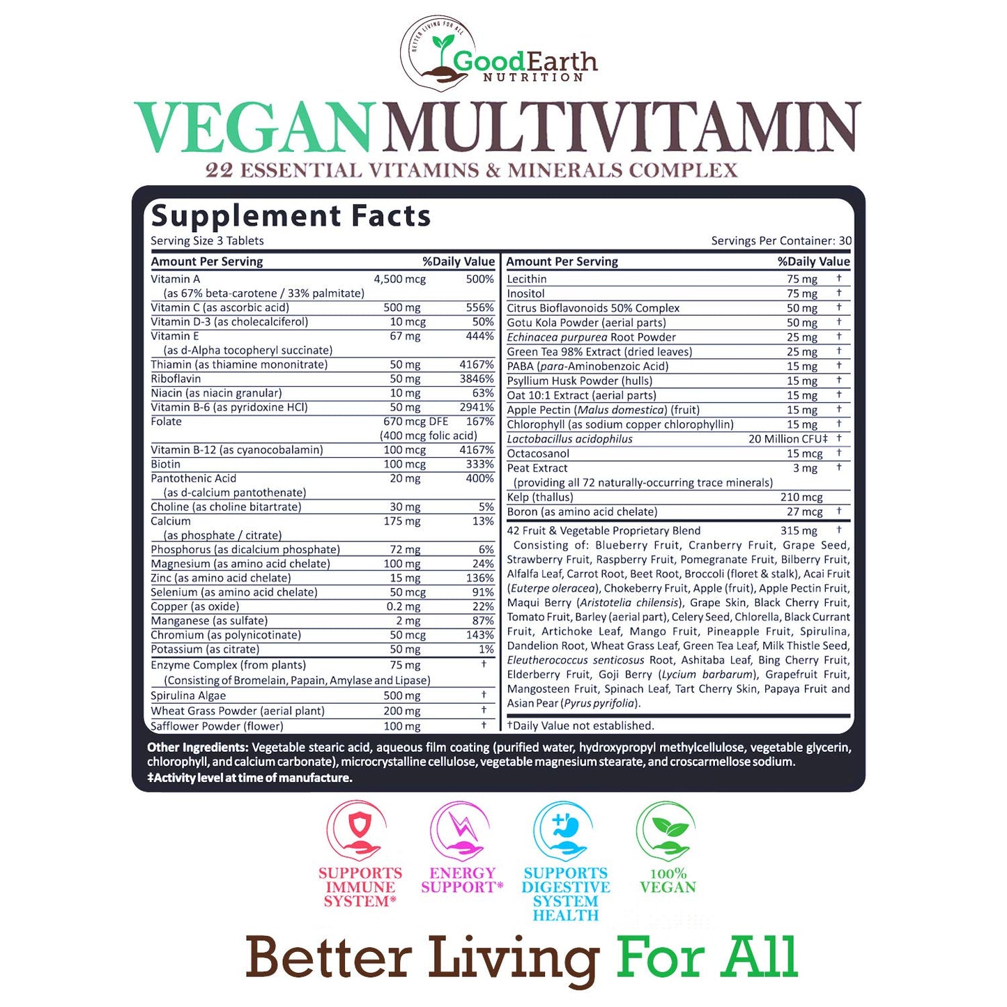 Vegan Daily Multivitamin – A, B, D3, Zinc, Antioxidants – Men & Women