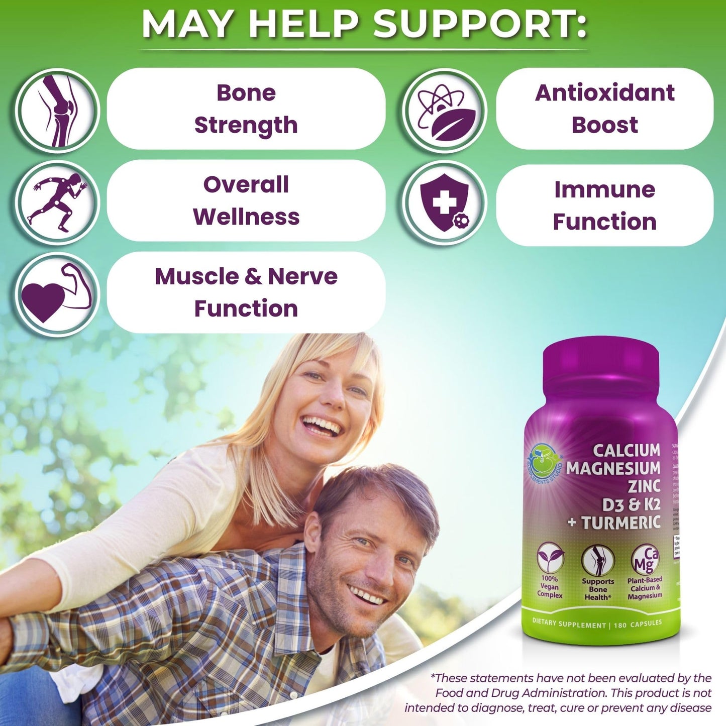 Plant-Based Calcium 500mg – Magnesium, D3, K2, Turmeric, Bone Health, 180 Ct