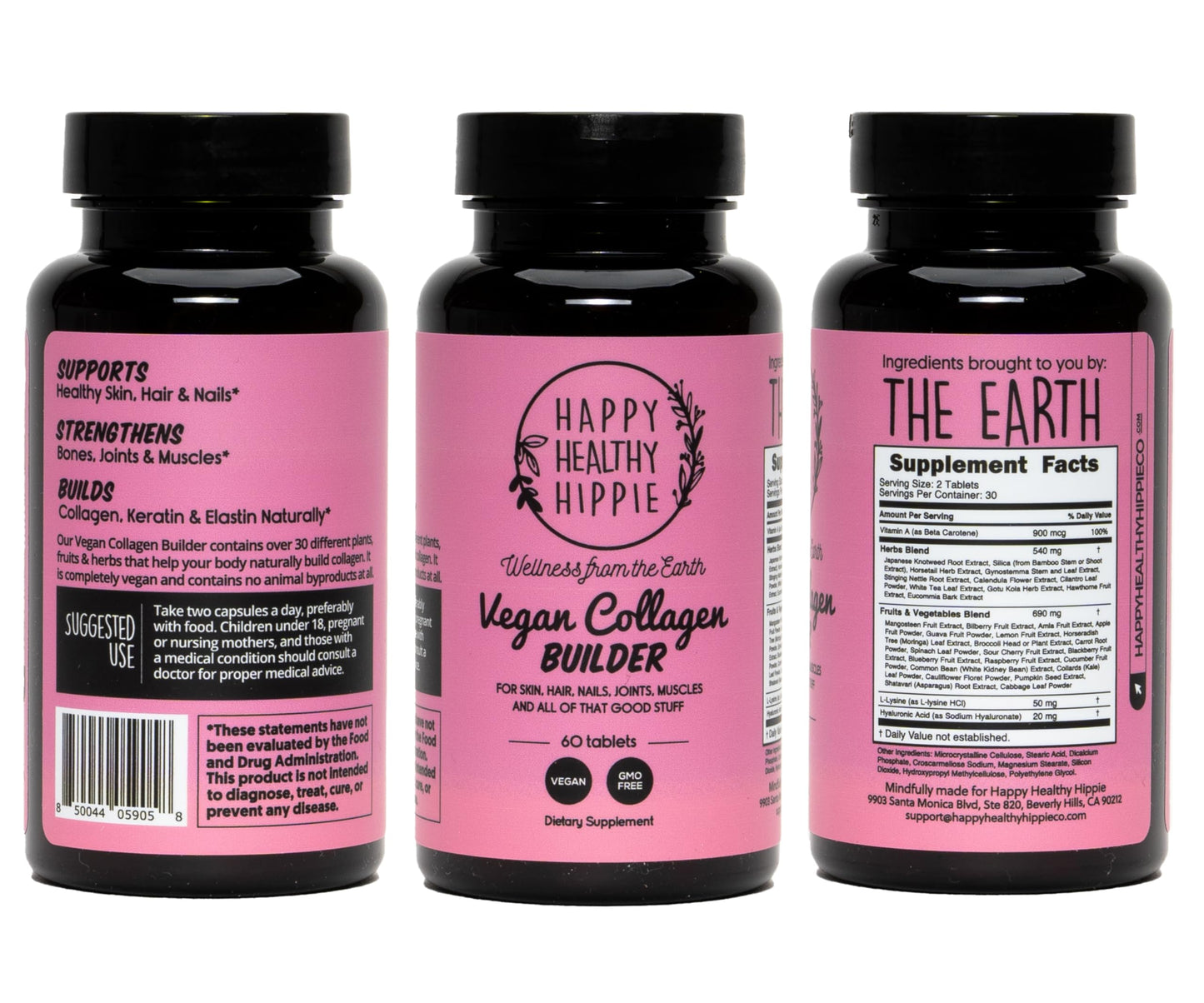 Vegan Collagen Builder w/ Hyaluronic Acid – Hair Skin and Nails Vitamins for Youthful Glow | Keratin & Elastin Booster | Bones, Cartilage, Tendons | Vitamin A, L-Lysine | Vegetarian | Non-GMO, 60 Ct