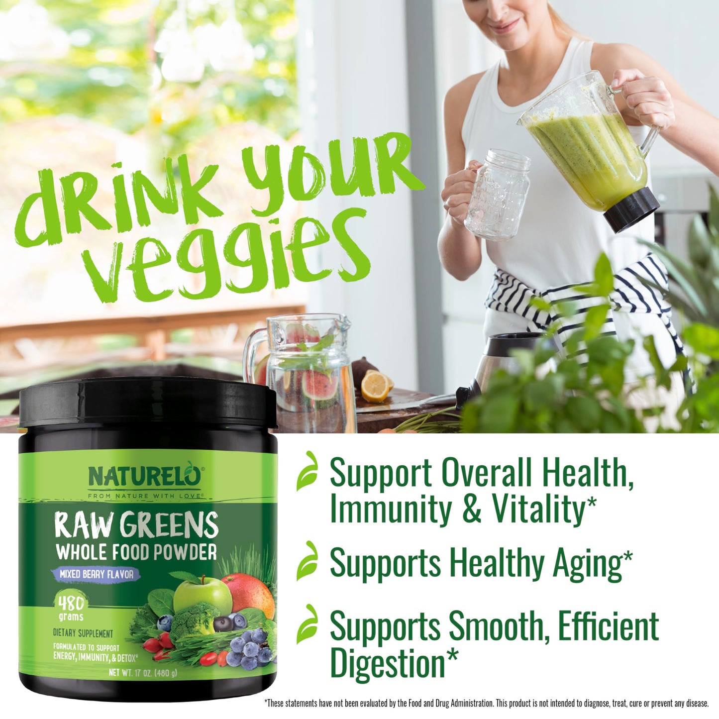 NATURELO Raw Greens Superfood Powder – Mixed Berry, Organic, 480g
