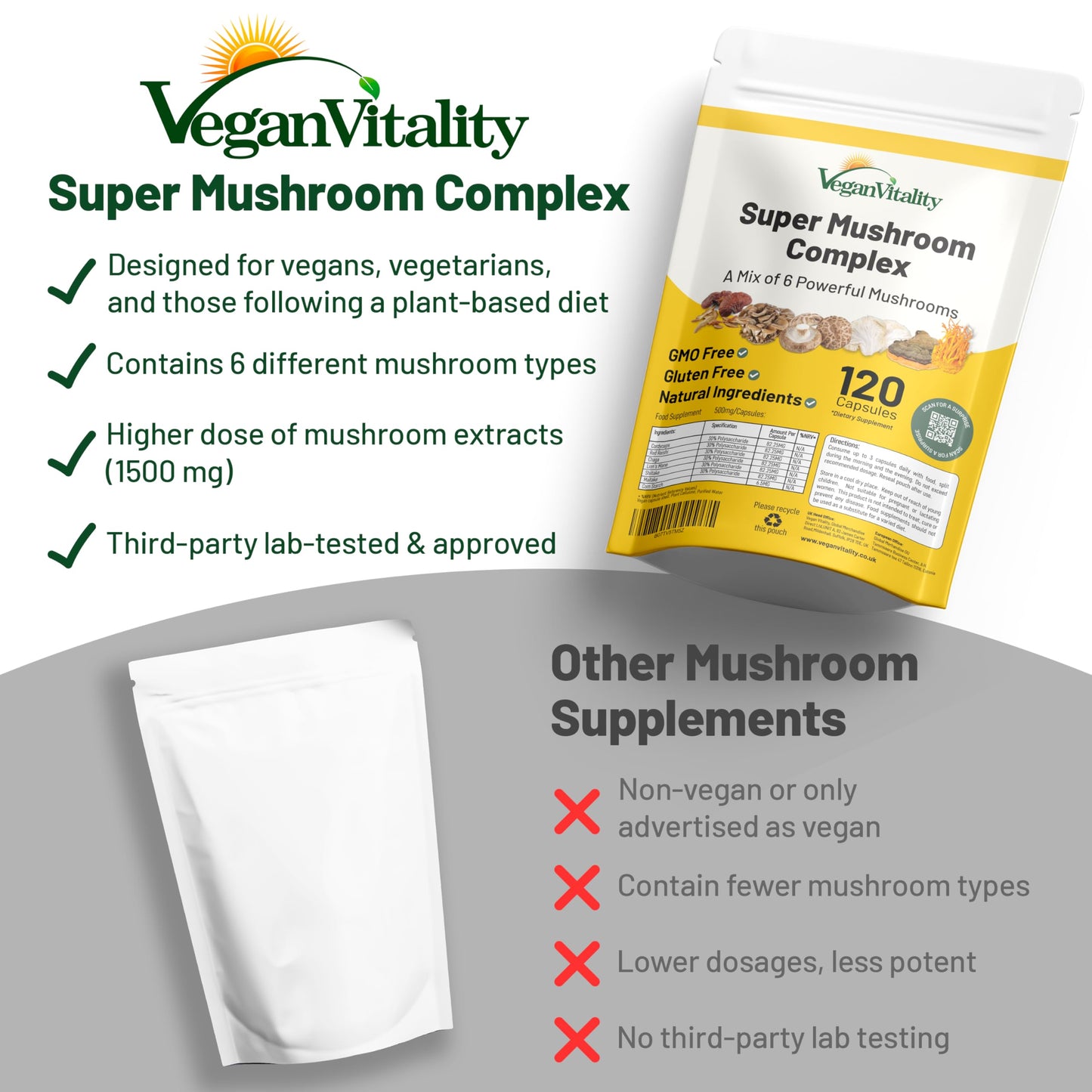 Vegan Mushroom Complex – Reishi, Chaga, Lion's Mane, 120 Ct
