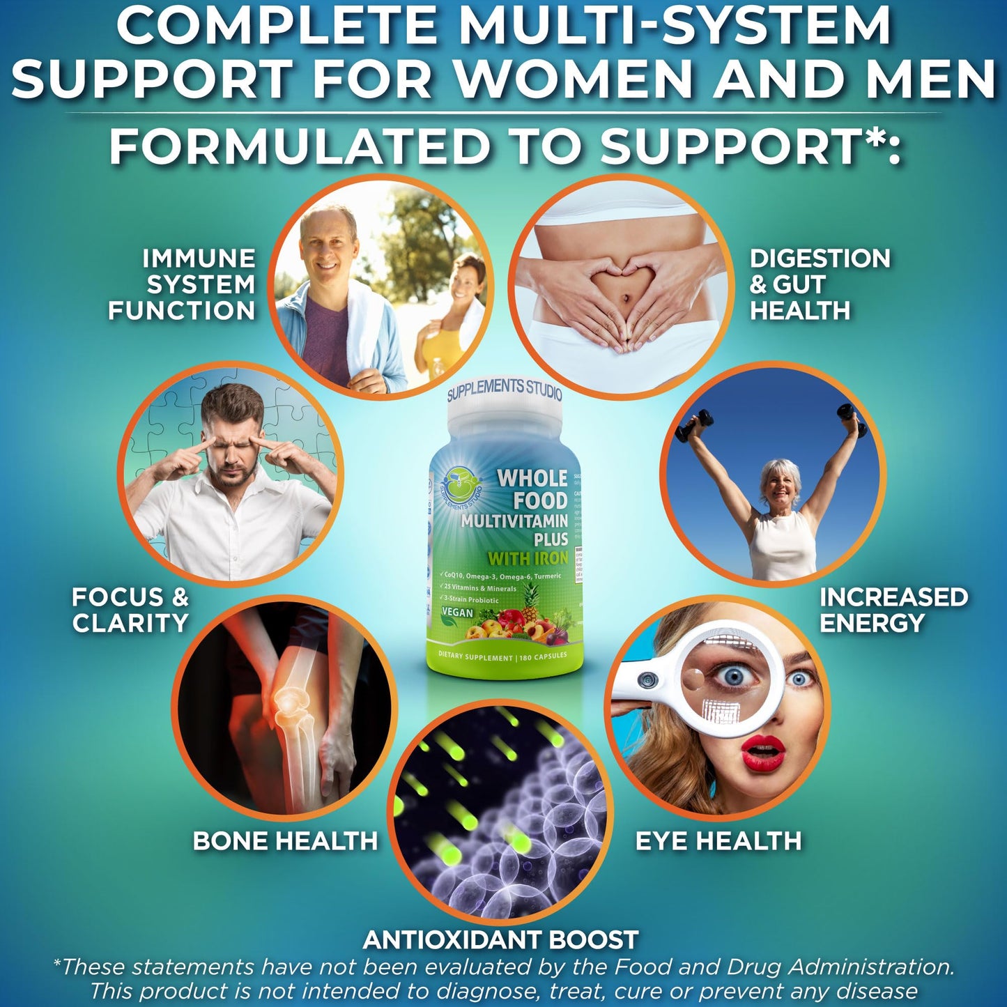 Vegan Whole Food Multivitamin with Iron – B-Complex, Probiotics, 180 Ct