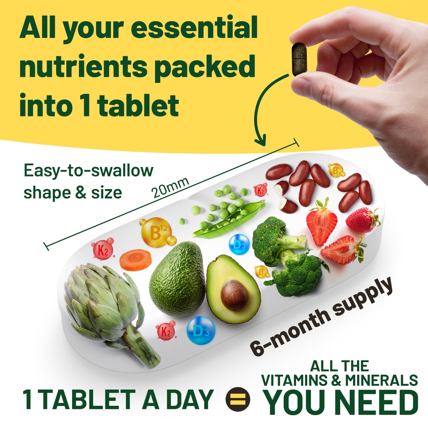 Vegan Vitality Multivitamin – B12, D3, K2 – 6 Month Supply – 180 Ct