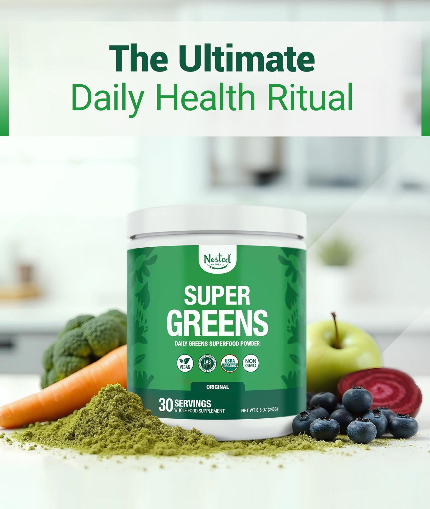 Super Greens Daily Greens Powder – Organic Superfoods & Probiotics, 30 Servings