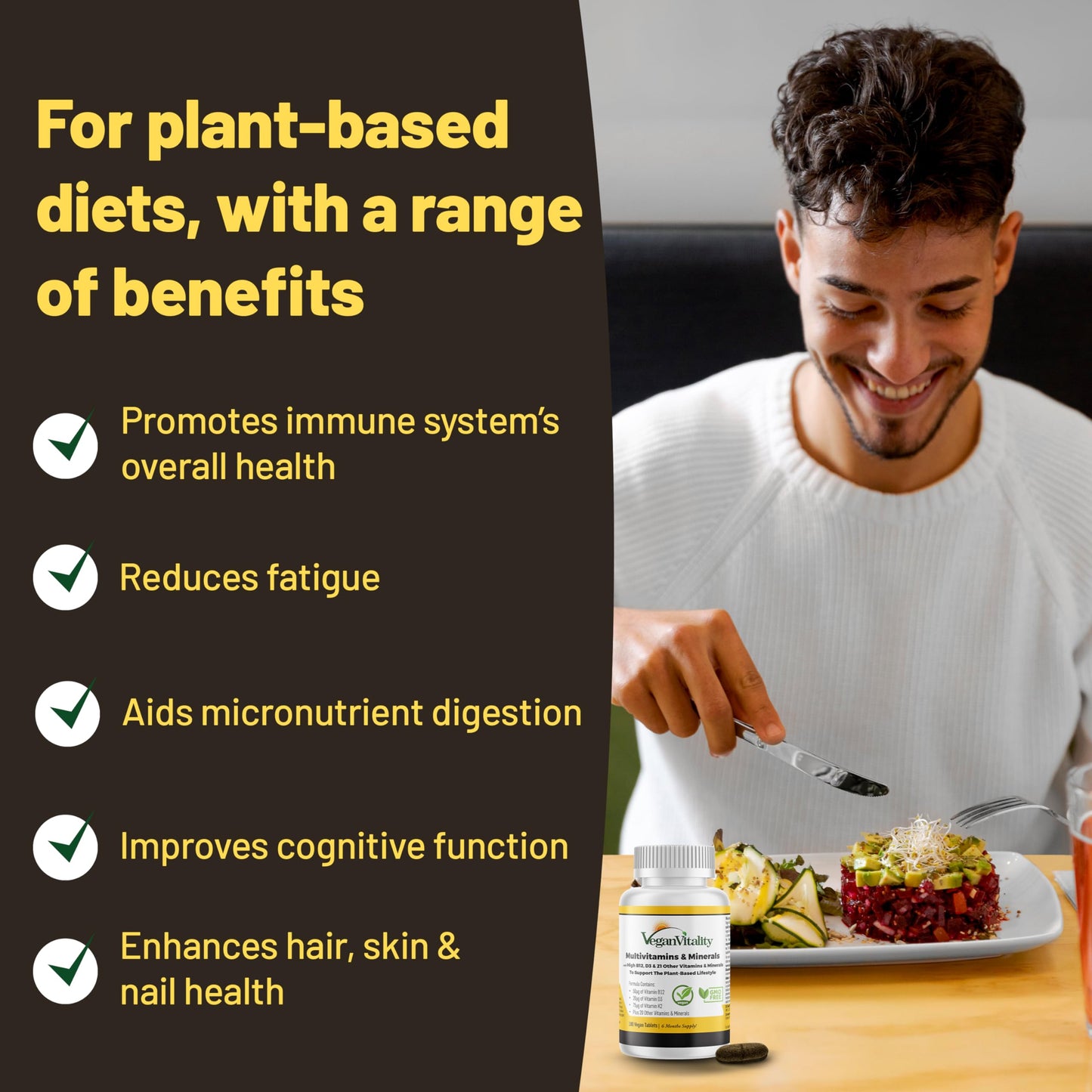 Vegan Vitality Multivitamin – B12, D3, K2 – 6 Month Supply – 180 Ct
