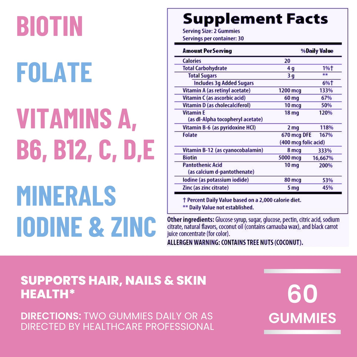 Beauty+ Biotin Gummies – Hair, Skin, Nail Support – 5,000 mcg – 60 Ct