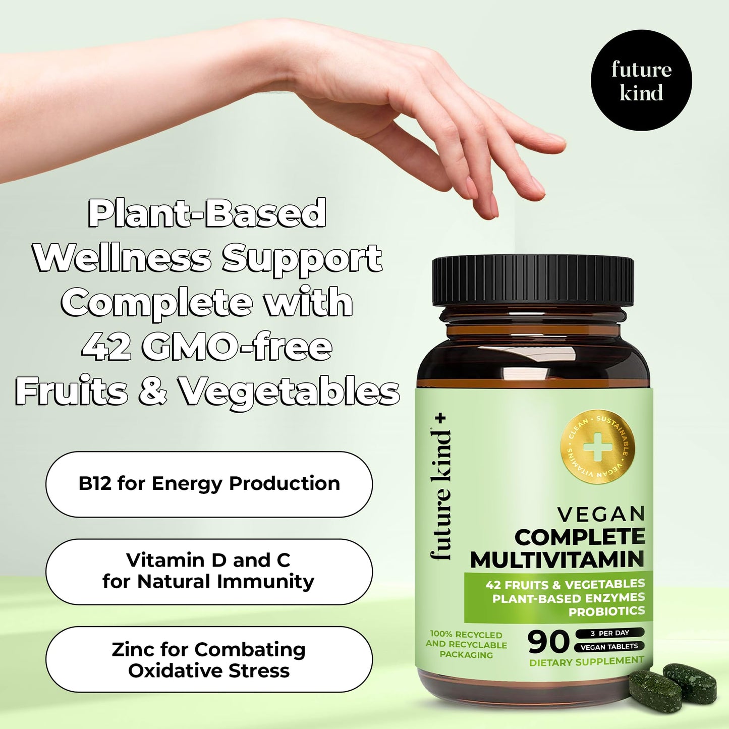 Future Kind Vegan Multivitamins – 42-in-1 Digestive & Immune Support, 90 Ct