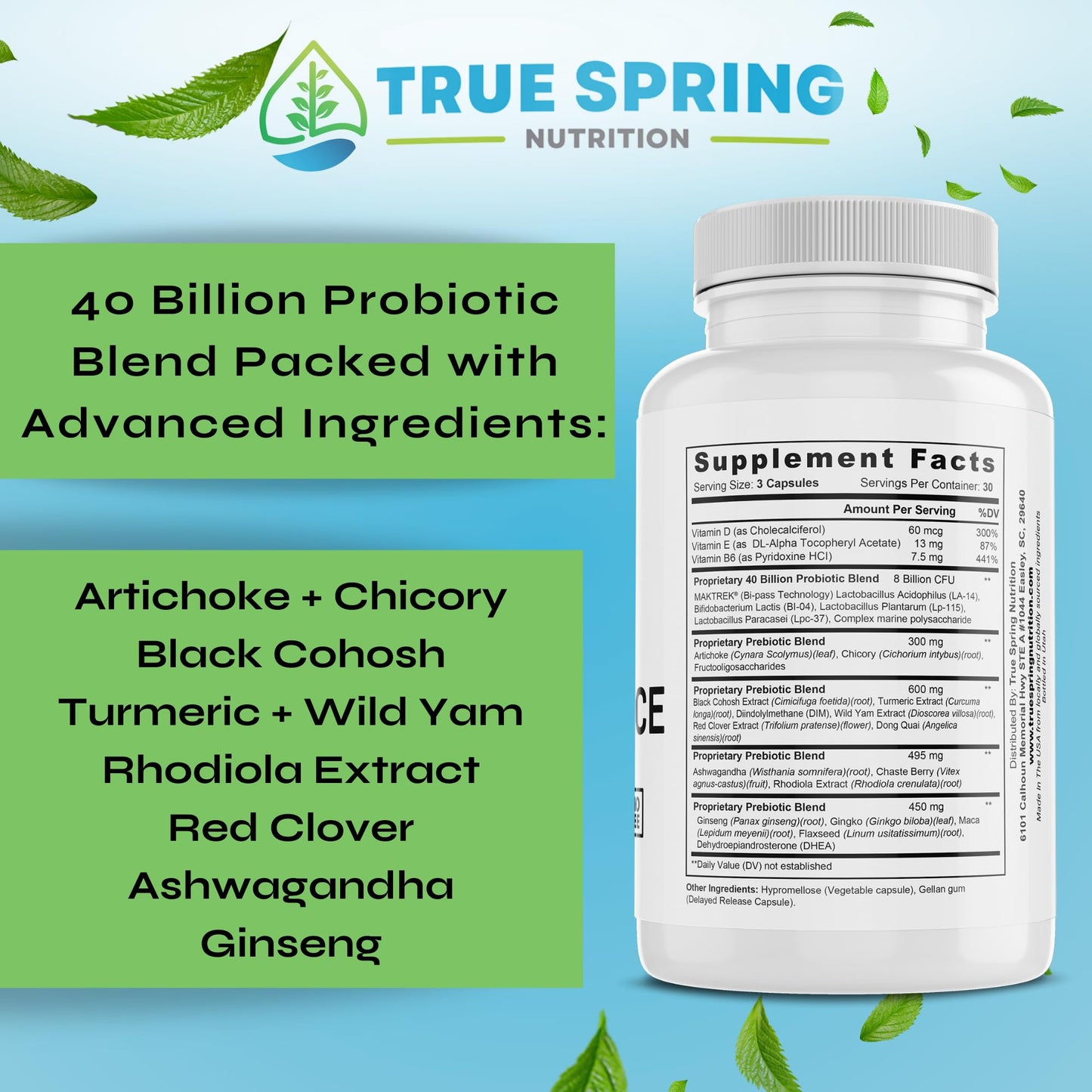 True Spring Nutrition Eve Balance Menopause Support - Complete Supplement for Women’s Total Menopause Relief, Hot Flashes, Joint Pain, and More - Premium Blend with Prebiotics & Probiotics
