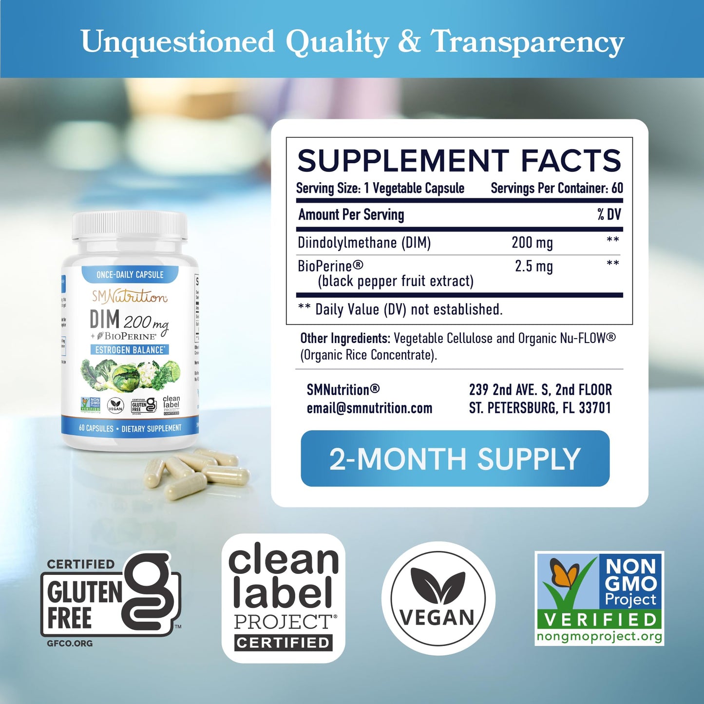 DIM Supplement 200 mg | Estrogen Balance for Women & Men | Hormonal Acne, Hormone Balance, Menopause & Antioxidant Support | Clean Label Project Certified, Vegan & Soy Free Diindolylmethane | 60 Ct.