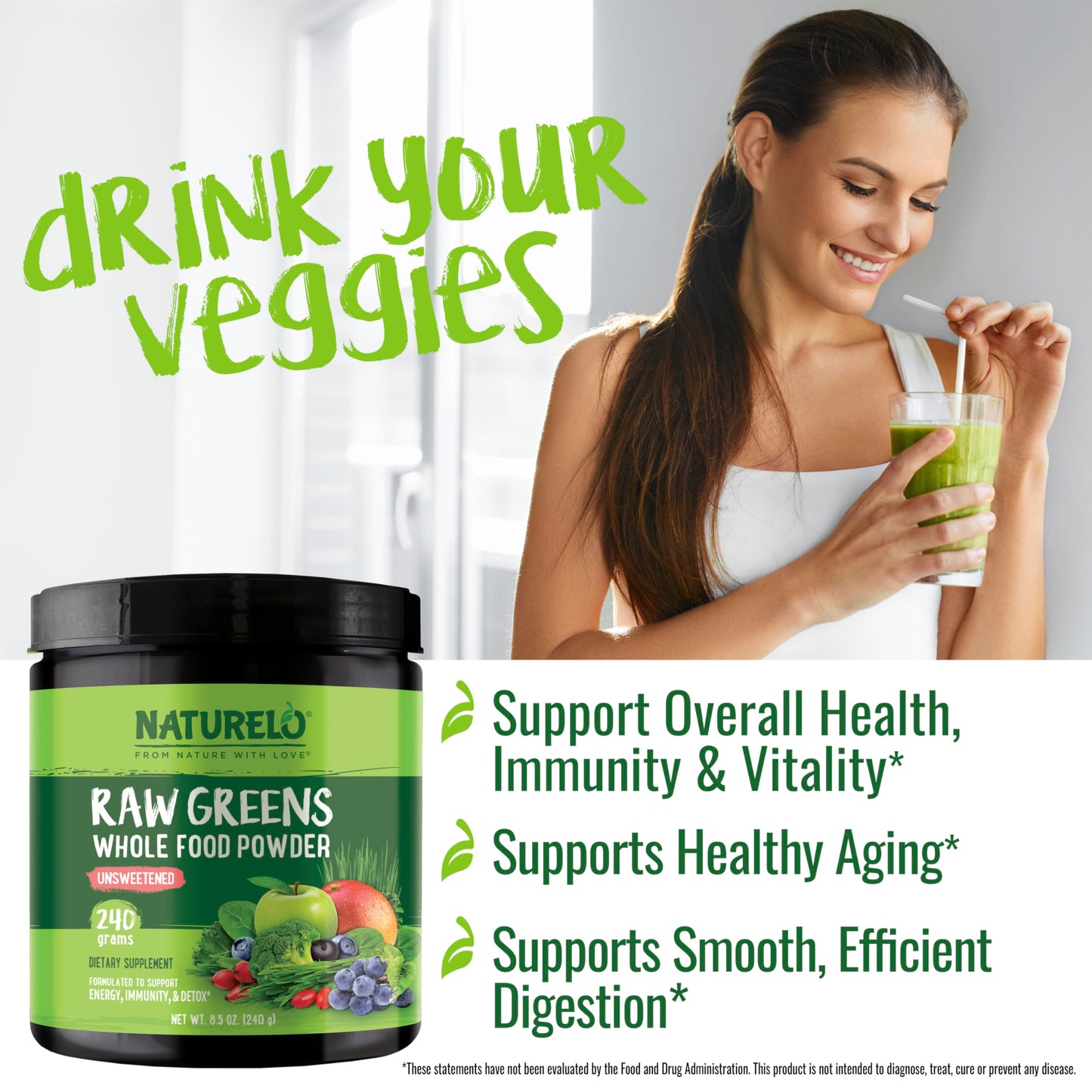 NATURELO Raw Greens Powder – Unsweetened Organic Superfood, 240g
