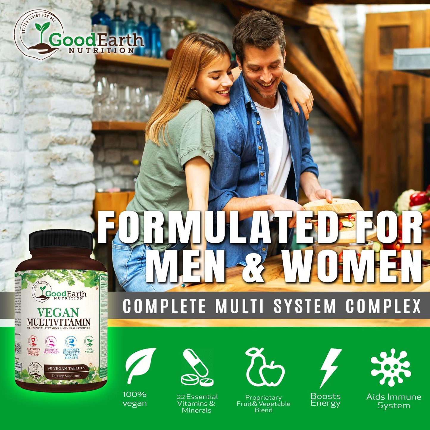 Vegan Daily Multivitamin – A, B, D3, Zinc, Antioxidants – Men & Women