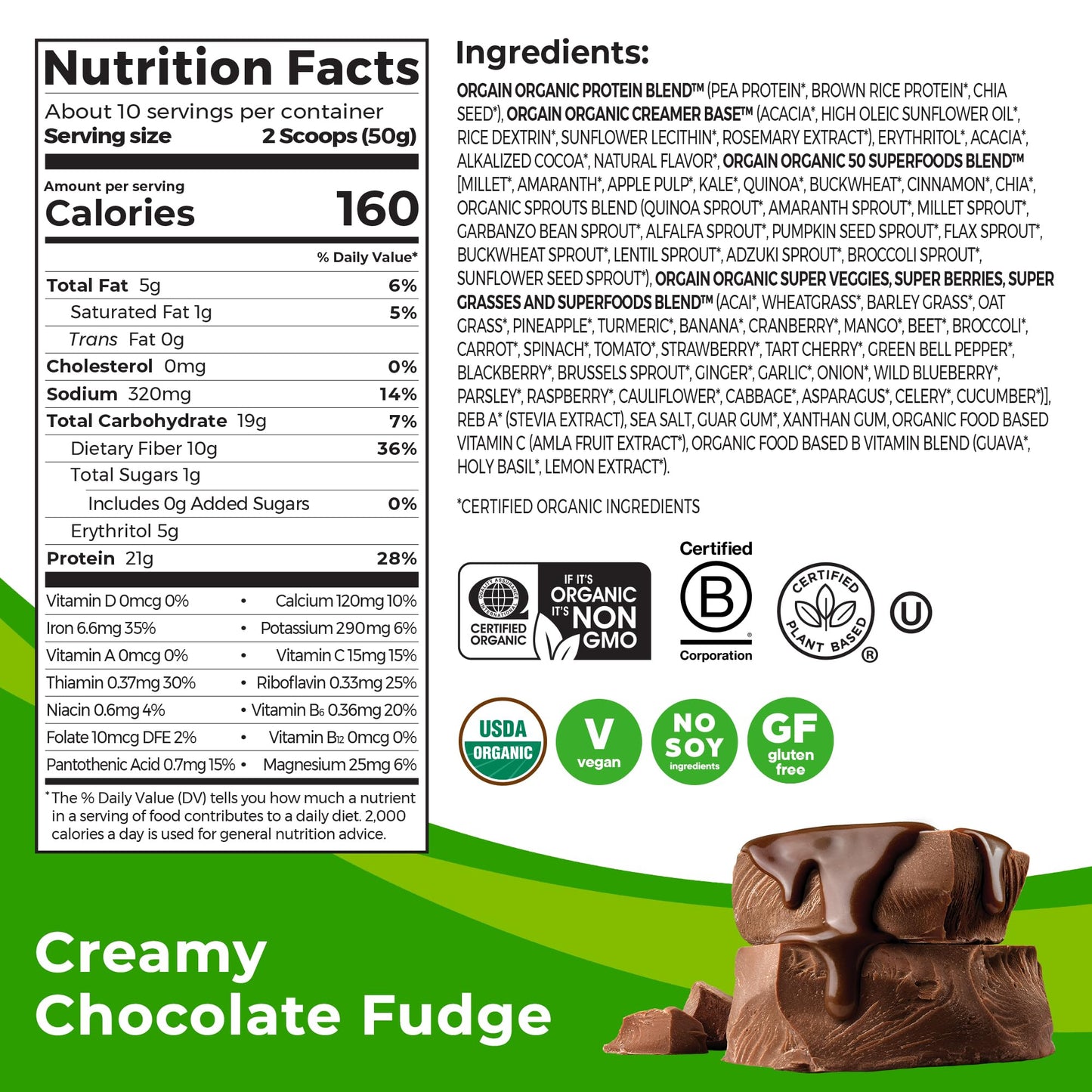 Orgain Vegan Protein + 50 Superfoods – Chocolate Fudge, 21g Protein, 10g Fiber