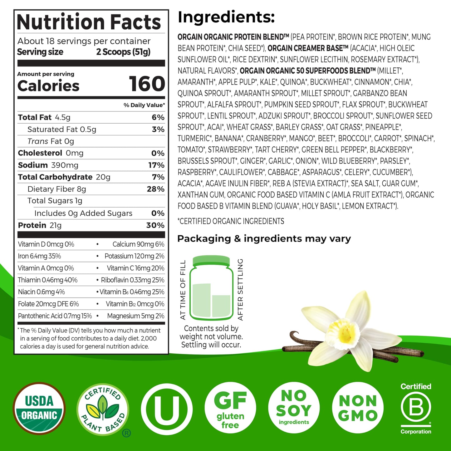 Orgain Vegan Protein + Superfoods – Vanilla Bean, 21g, 2.02 lb