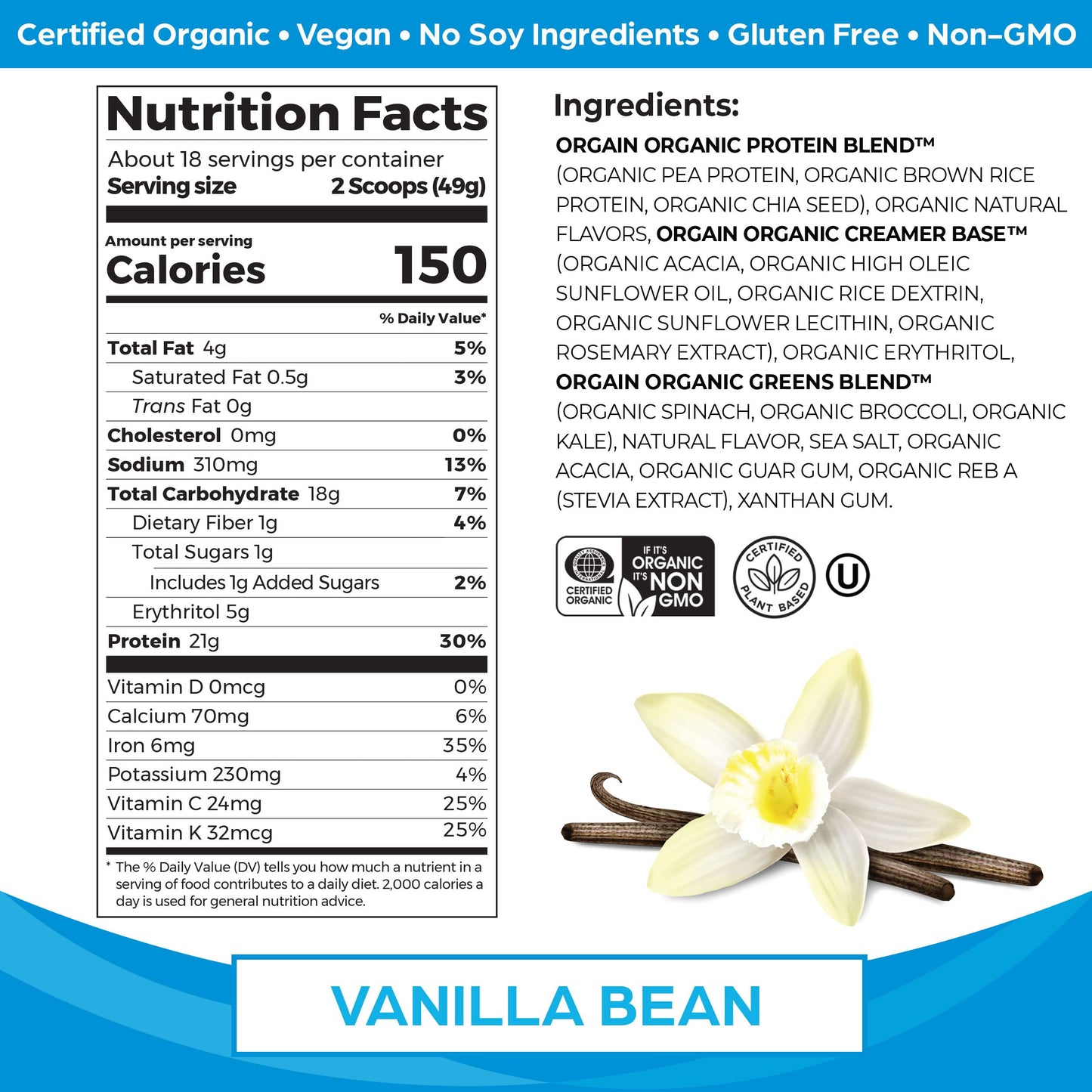Orgain Vegan Protein + Greens – Vanilla, 21g Protein, Fiber, No Sugar (1.94 lb)