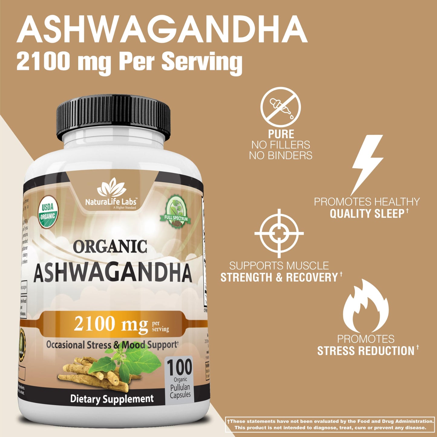 Organic Ashwagandha – 2,100 mg Stress Relief & Mood – 100 Capsules