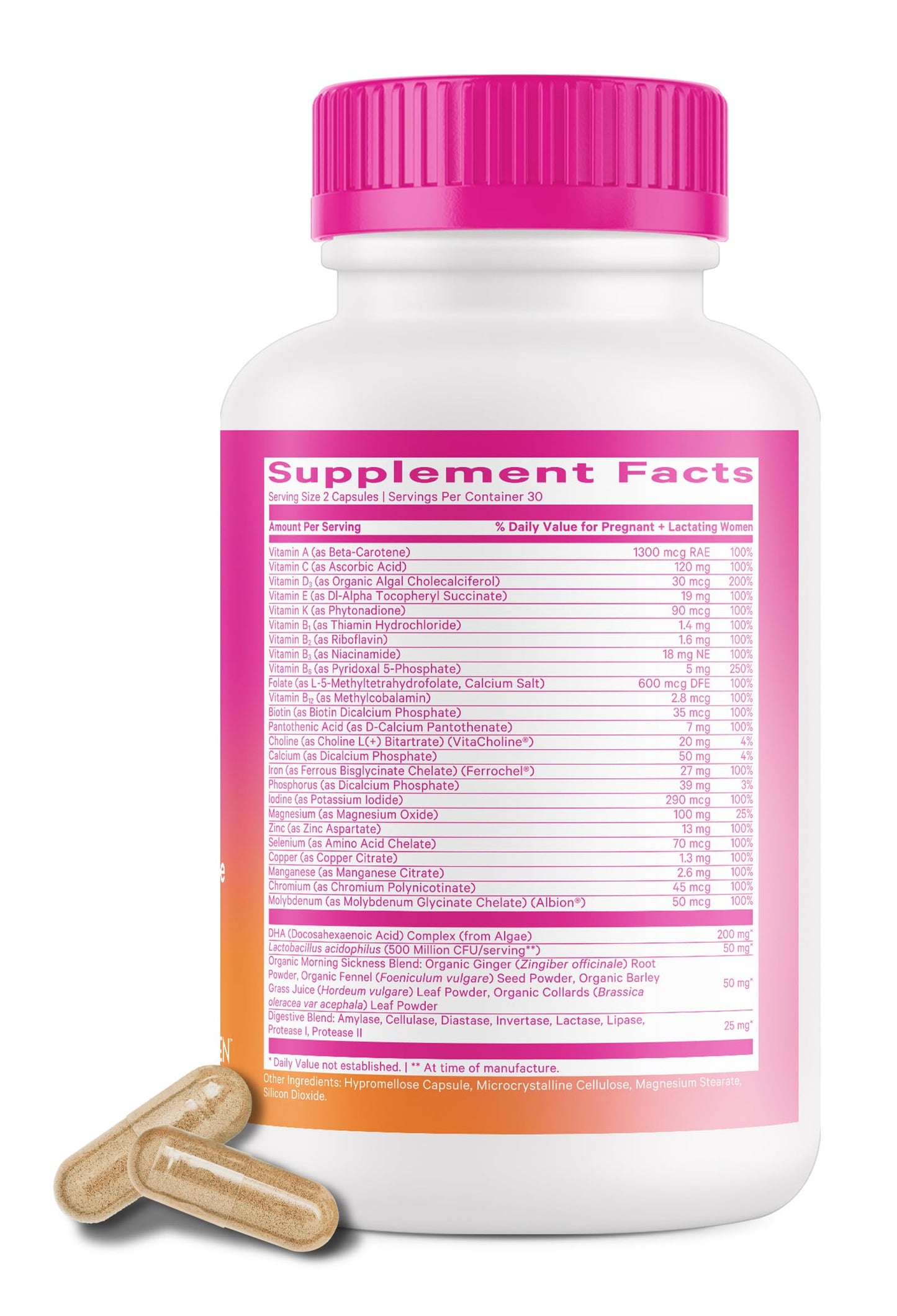 Pink Stork Prenatal Vitamin – 60 capsules with organic nutrients, probiotics, folate, and iron for pregnancy wellness and energy.