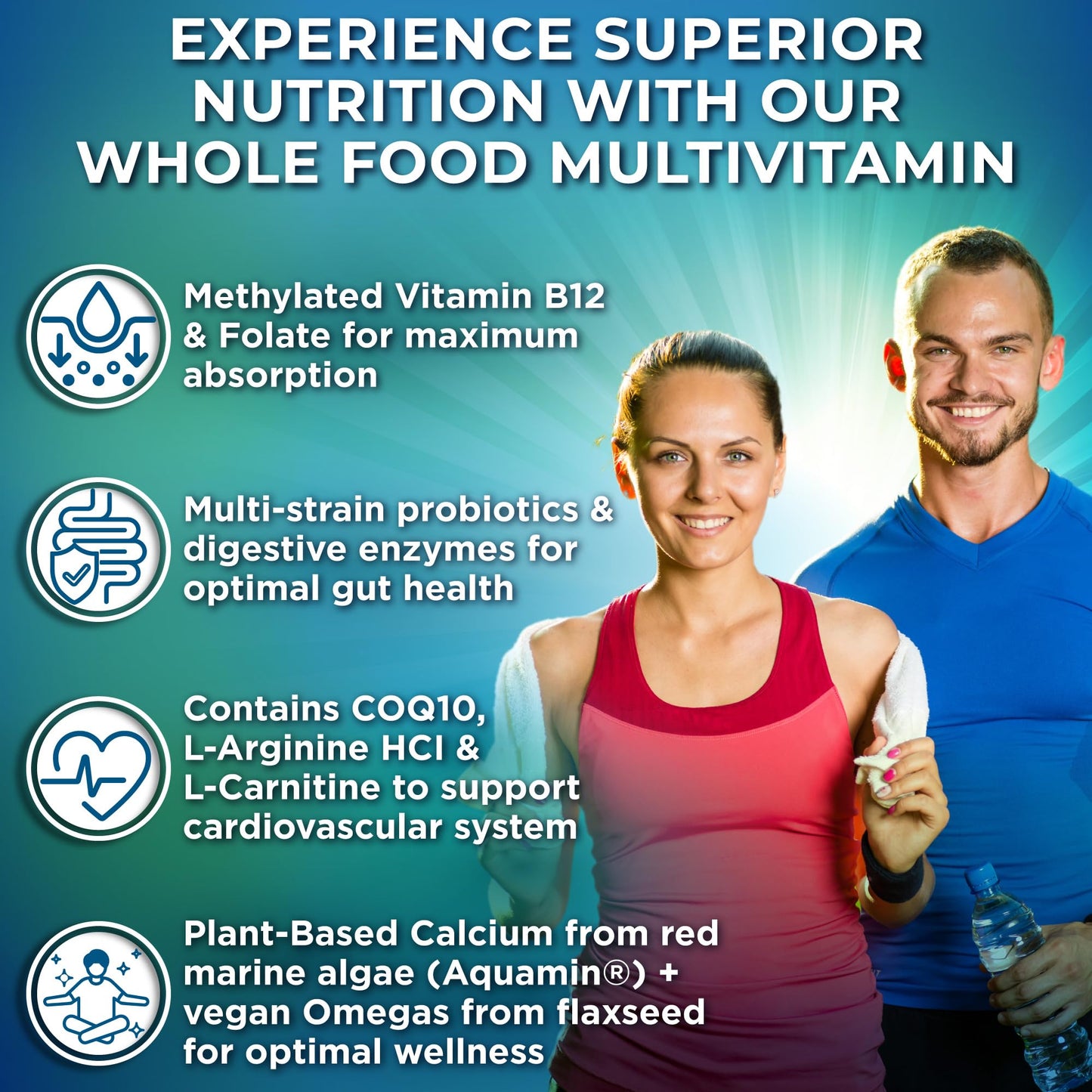Vegan Whole Food Multivitamin with Iron – B-Complex, Probiotics, 180 Ct