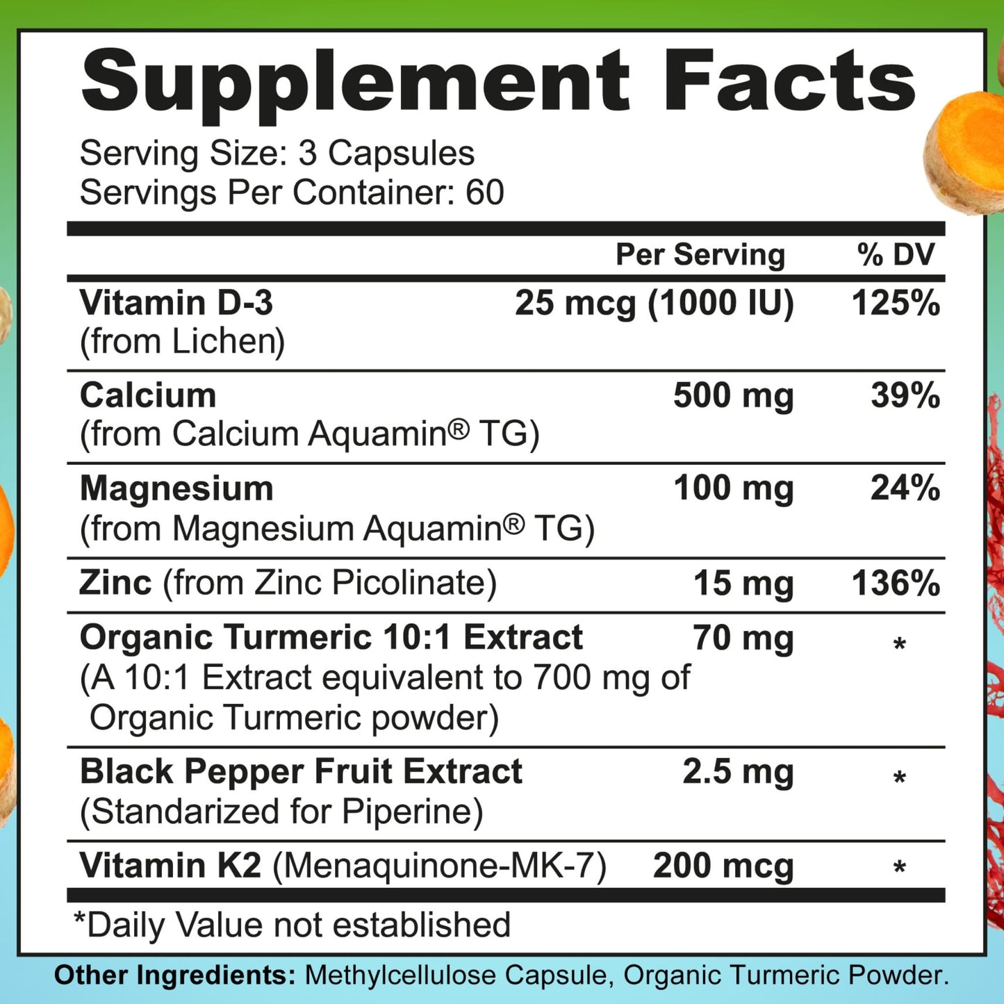 Plant-Based Calcium 500mg – Magnesium, D3, K2, Turmeric, Bone Health, 180 Ct