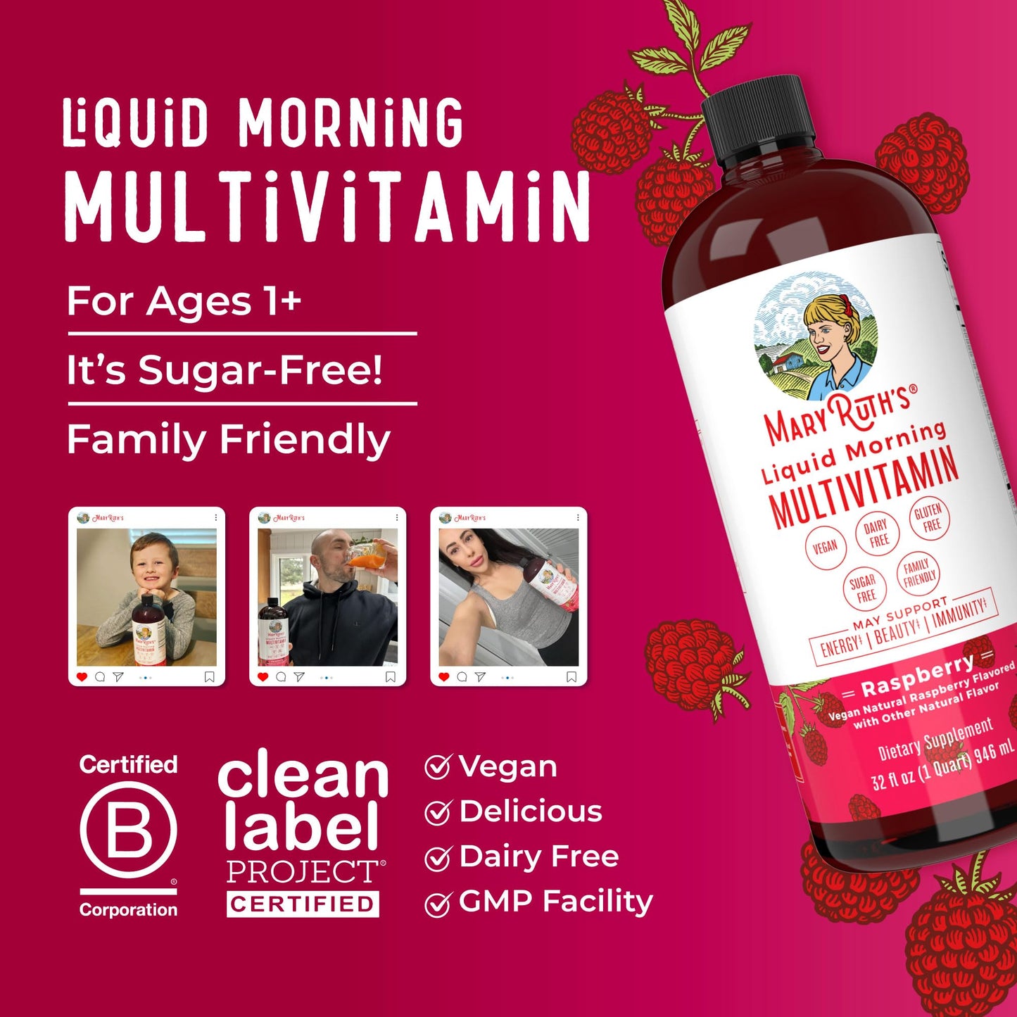 MaryRuth Liquid Morning Multivitamin – Vegan for All Ages – 32 Servings