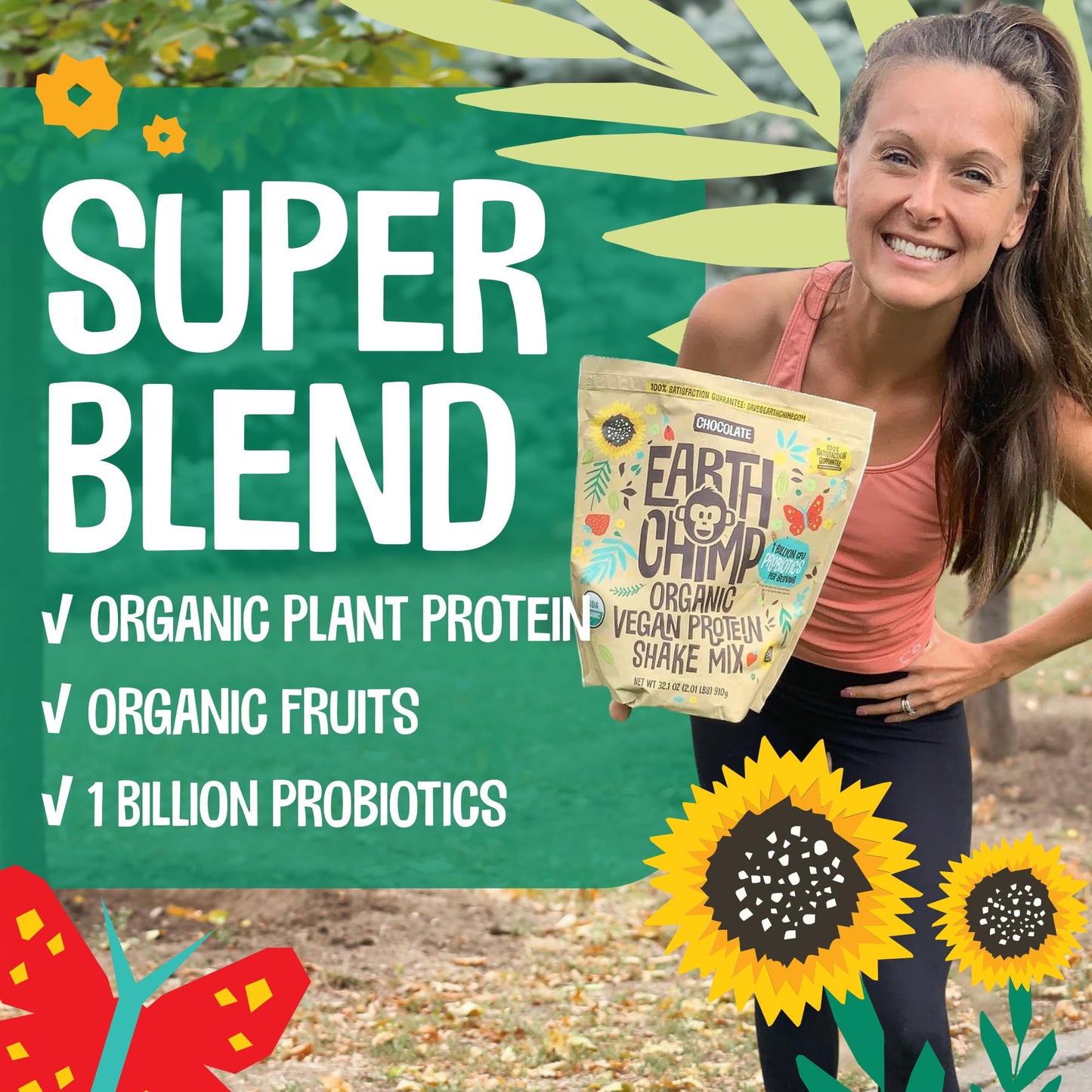 EarthChimp Vanilla Vegan Protein - Organic, Probiotics, Gluten-Free, 32 oz