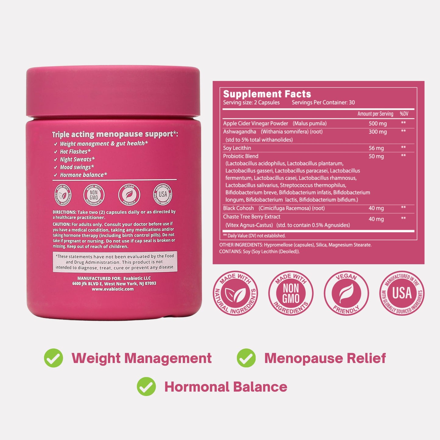 EVABIOTIC: Complete Menopause Vitamins - Ashwaghanda, Probiotics, ACV for Weight Management, Hot Flashes, Night Sweats, Bloat, Hormone Balance - Vegan 60 Caps Menopause Supplements for Women Non-GMO