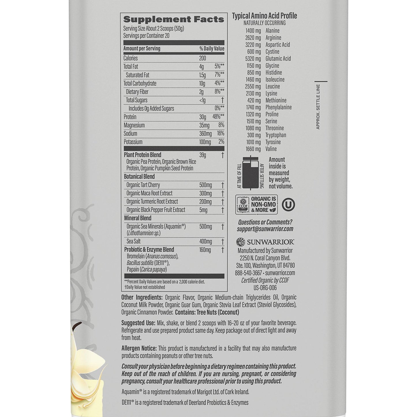 Sunwarrior Organic Vanilla Vegan Protein – BCAAs, Sugar-Free, 20 Servings
