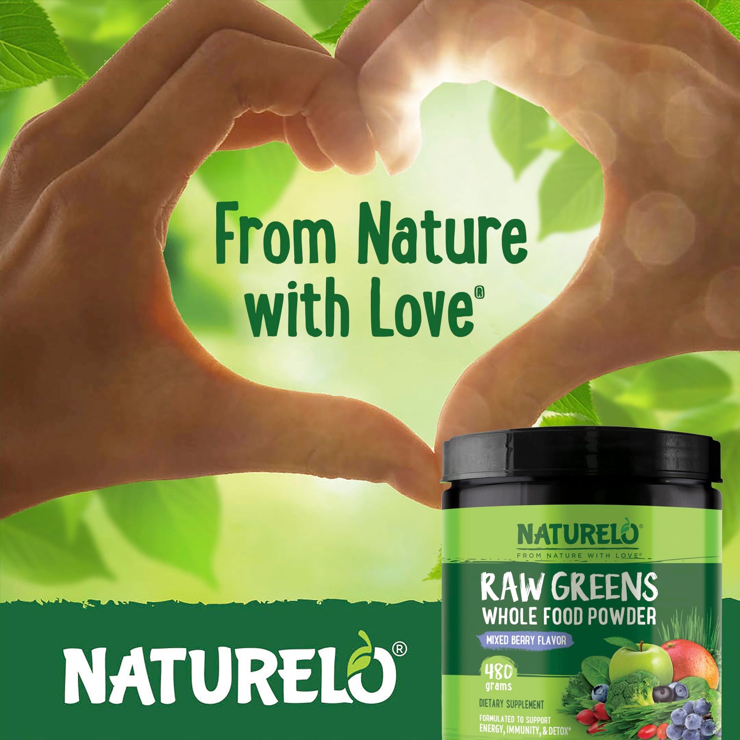 NATURELO Raw Greens Superfood Powder – Mixed Berry, Organic, 480g