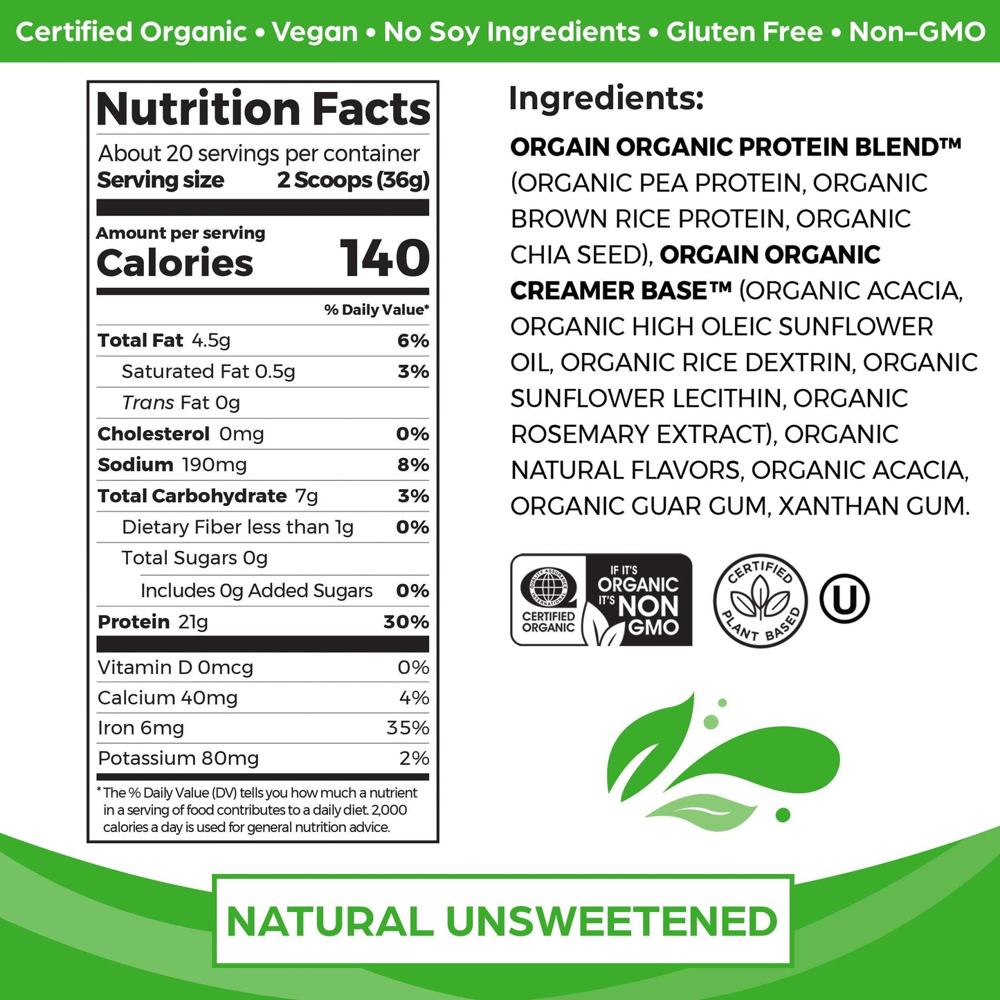 Orgain Organic Vegan Protein – Unflavored, No Sugar, Gluten-Free, 1.59 lb