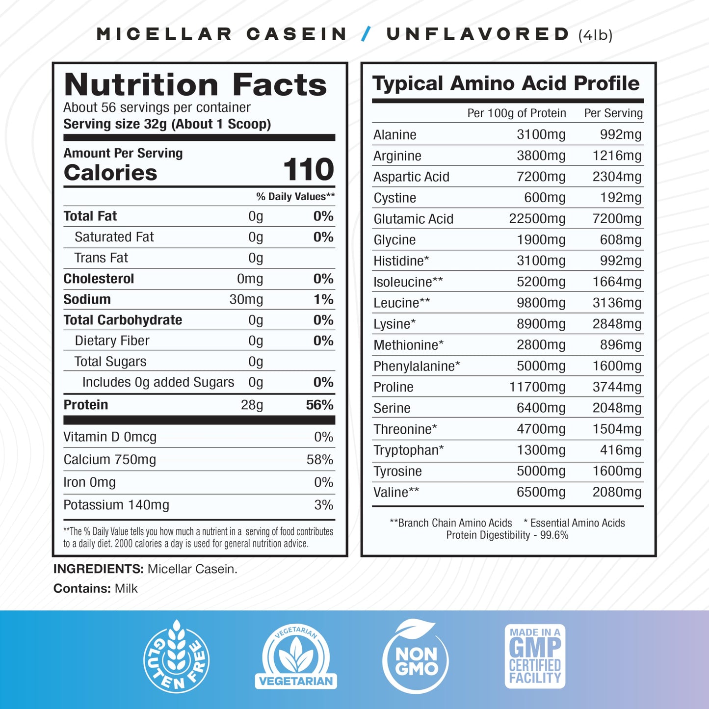 Muscle Feast Micellar Casein – Unflavored, Grass-Fed, Soy-Free, 4 lb