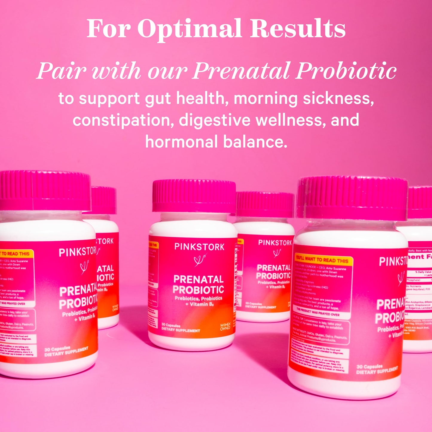 Pink Stork Prenatal Vitamin – 60 capsules with organic nutrients, probiotics, folate, and iron for pregnancy wellness and energy.