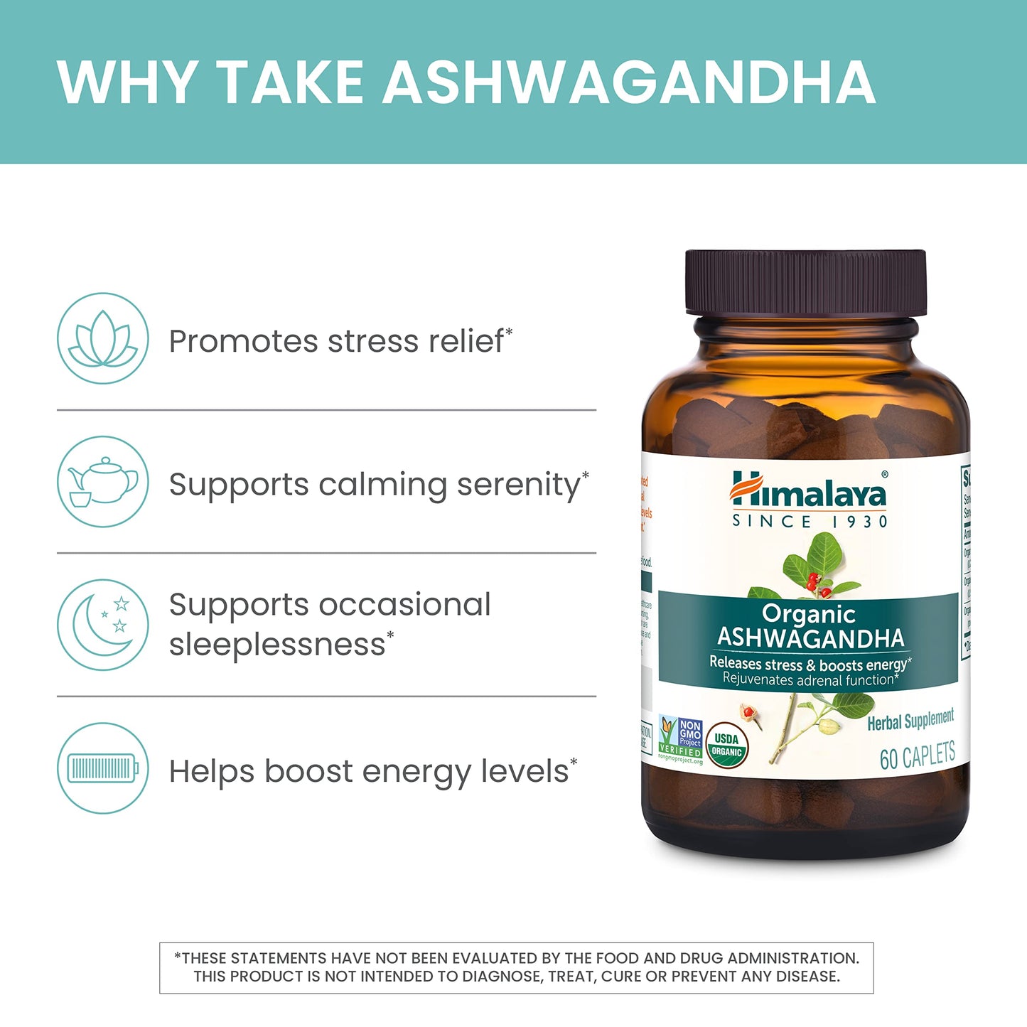 Himalaya Organic Ashwagandha, 120 Day Supply, Herbal Supplement for Stress Relief, Energy Support, Occasional Sleeplessness, USDA Organic, Non-GMO, Vegan, Gluten Free, 670 mg, 60 Caplets, 2 Pack