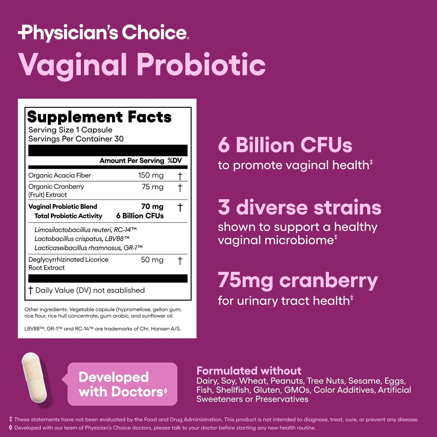 Physician's CHOICE Vaginal Probiotics for Women - pH Balance, Odor Control, Yeast Balance, Vaginal Flora & Feminine Health - 6B CFU with Organic Prebiotics and Cranberry Extract - 30 CT