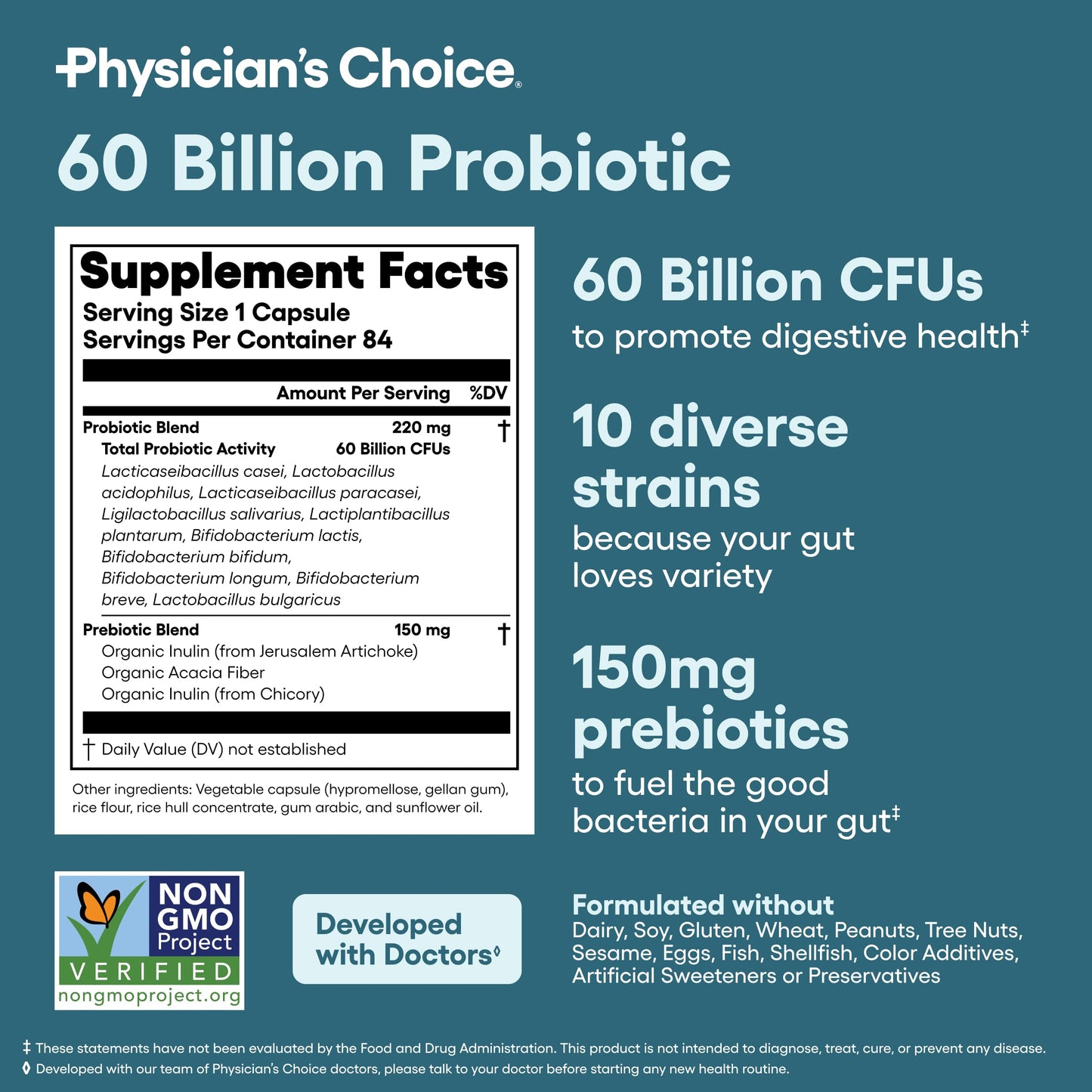 Physician’s CHOICE Probiotics – 60B CFU, 10 Strains + Prebiotics Support
