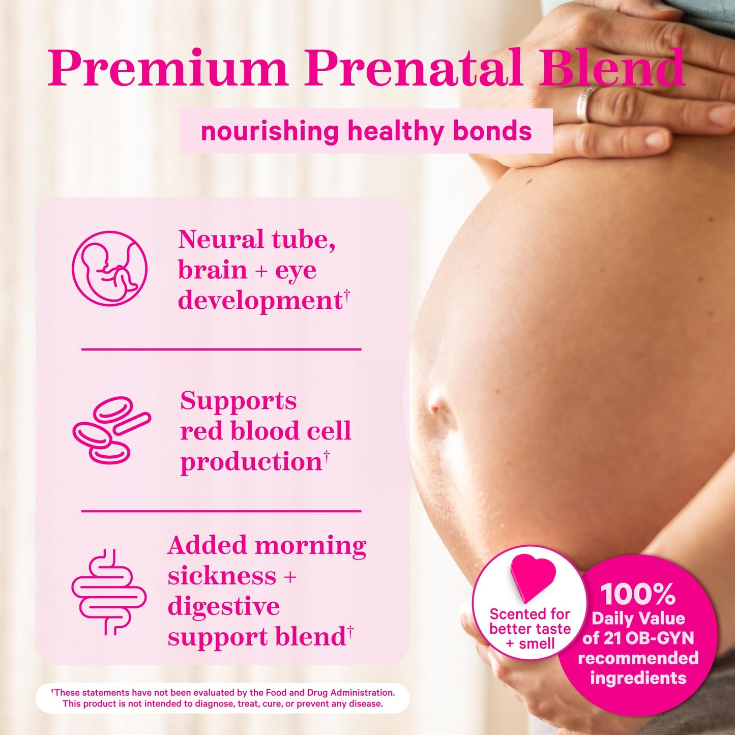Pink Stork Prenatal Vitamin – 60 capsules with organic nutrients, probiotics, folate, and iron for pregnancy wellness and energy.