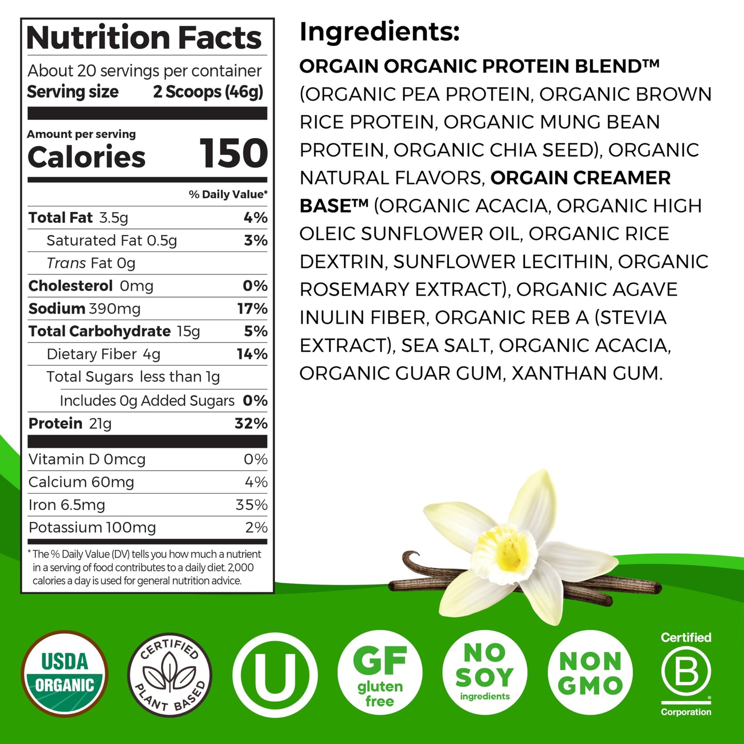 Orgain Vegan Protein – Vanilla Bean, 21g Protein, 6g Fiber, No Sugar