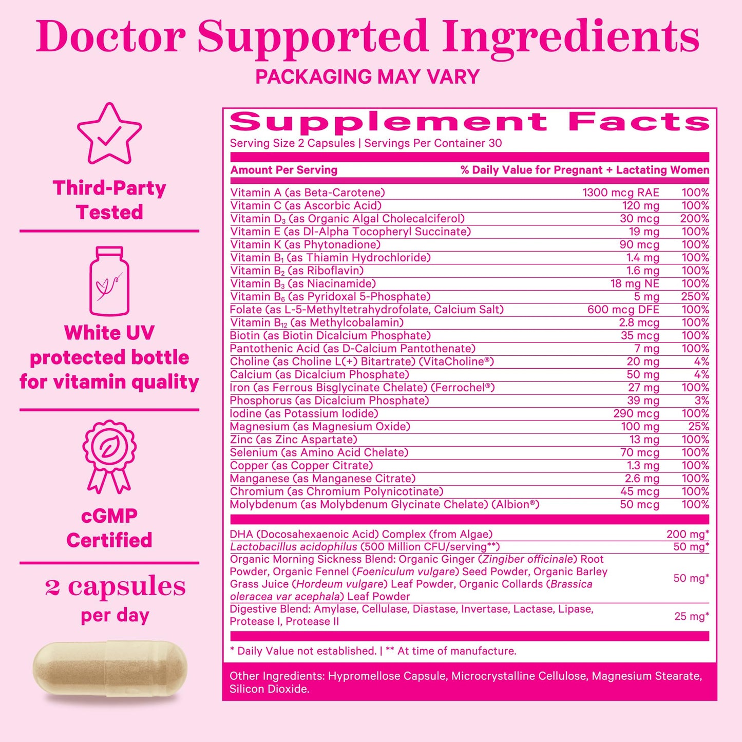 Pink Stork Prenatal Vitamin – 60 capsules with organic nutrients, probiotics, folate, and iron for pregnancy wellness and energy.