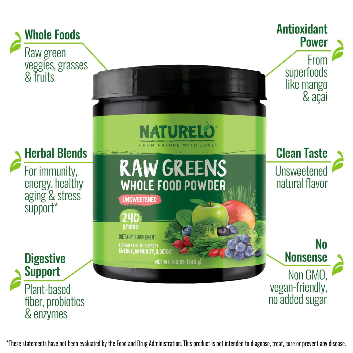 NATURELO Raw Greens Powder – Unsweetened Organic Superfood, 240g