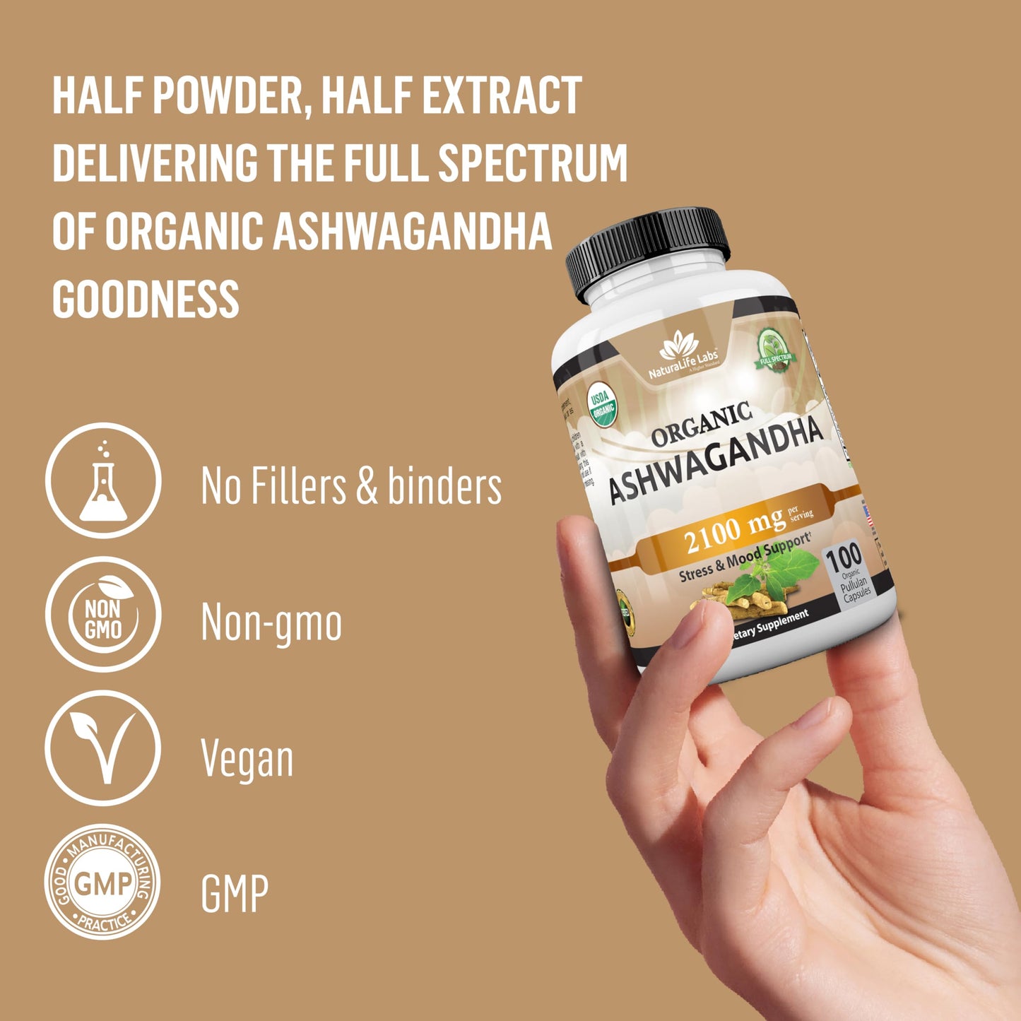 Organic Ashwagandha – 2,100 mg Stress Relief & Mood – 100 Capsules